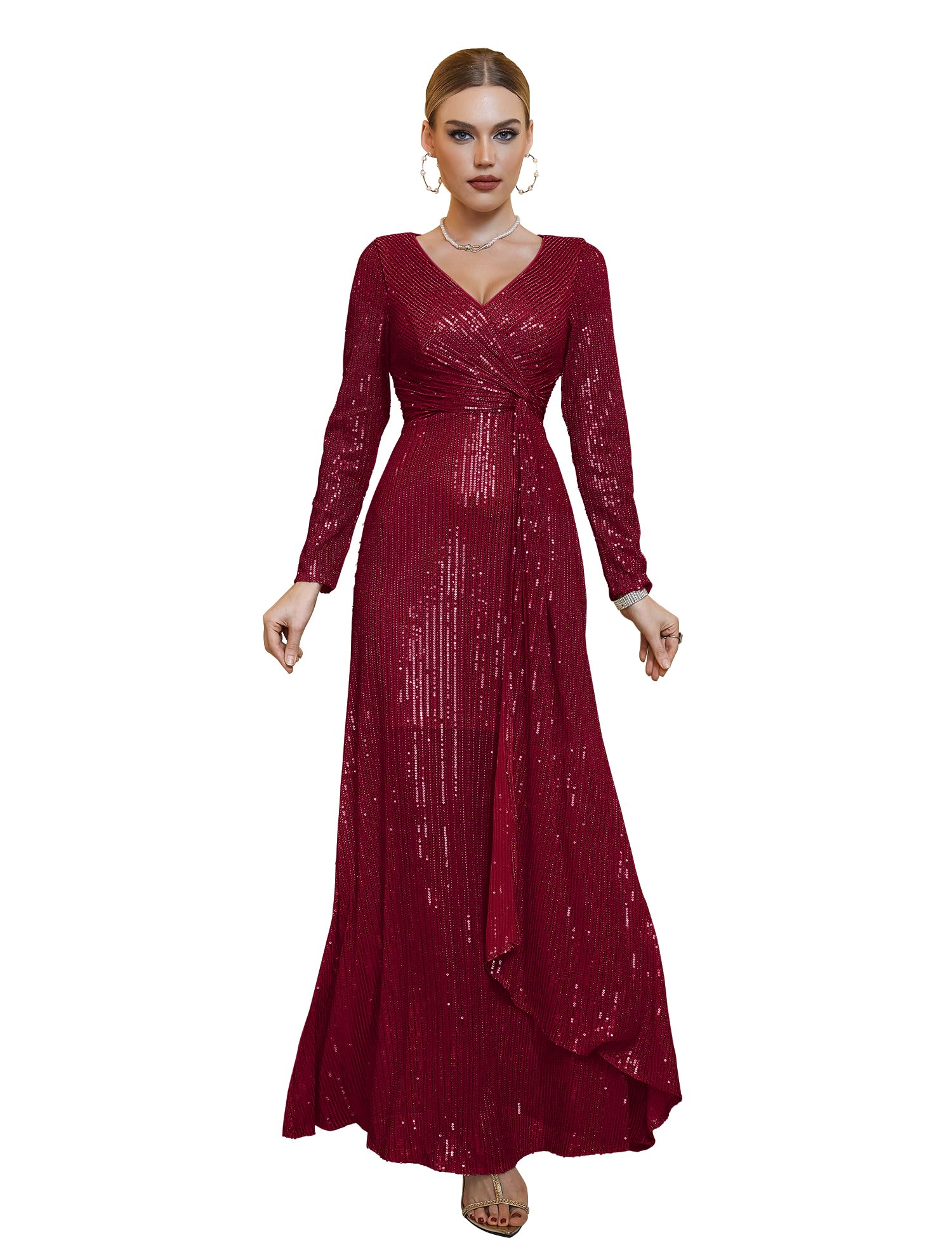 Meilun Women's Long Sleeve Sequin Evening Gown - Sparkly V-Neck Formal Maxi Dress for Wedding Guest, Prom, Party & Special Occasions
