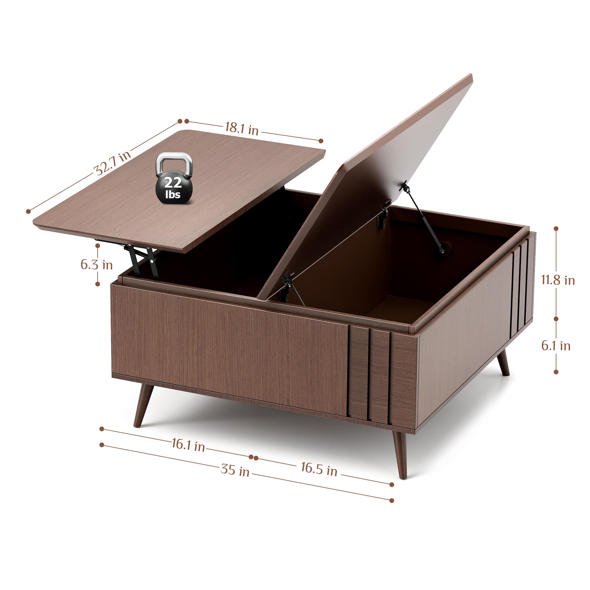 Lift Top Coffee Table with Storage, Mid Century Modern Square, Dark Walnut, Ideal for Living Room, Home Office, and Dining, Functional and Stylish