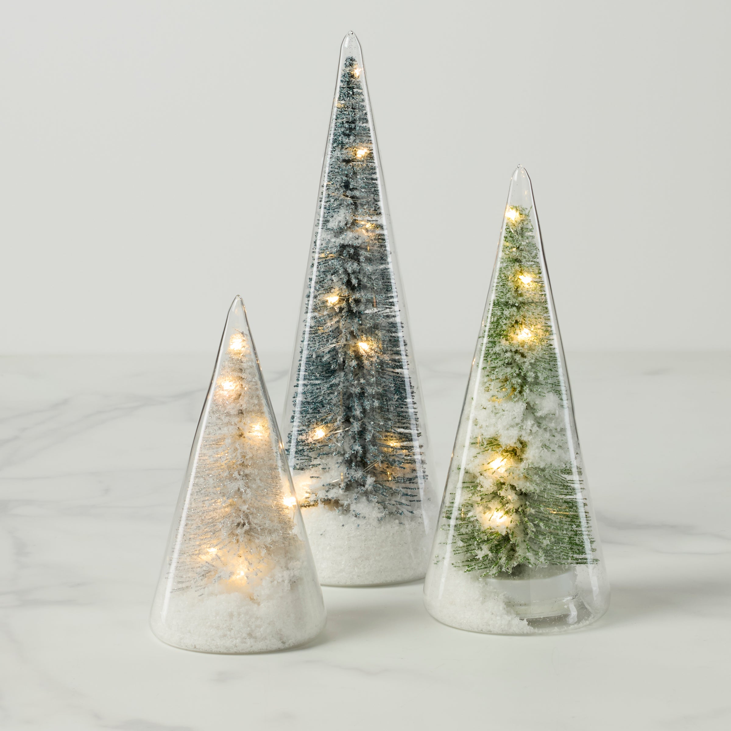 Lit Holiday Brush Trees 3 Piece Set - Christmas Decorations for Home, Office & Party - Festive Artificial Mini Trees with LED Lights for Tabletop, Mantel & Shelf Decor