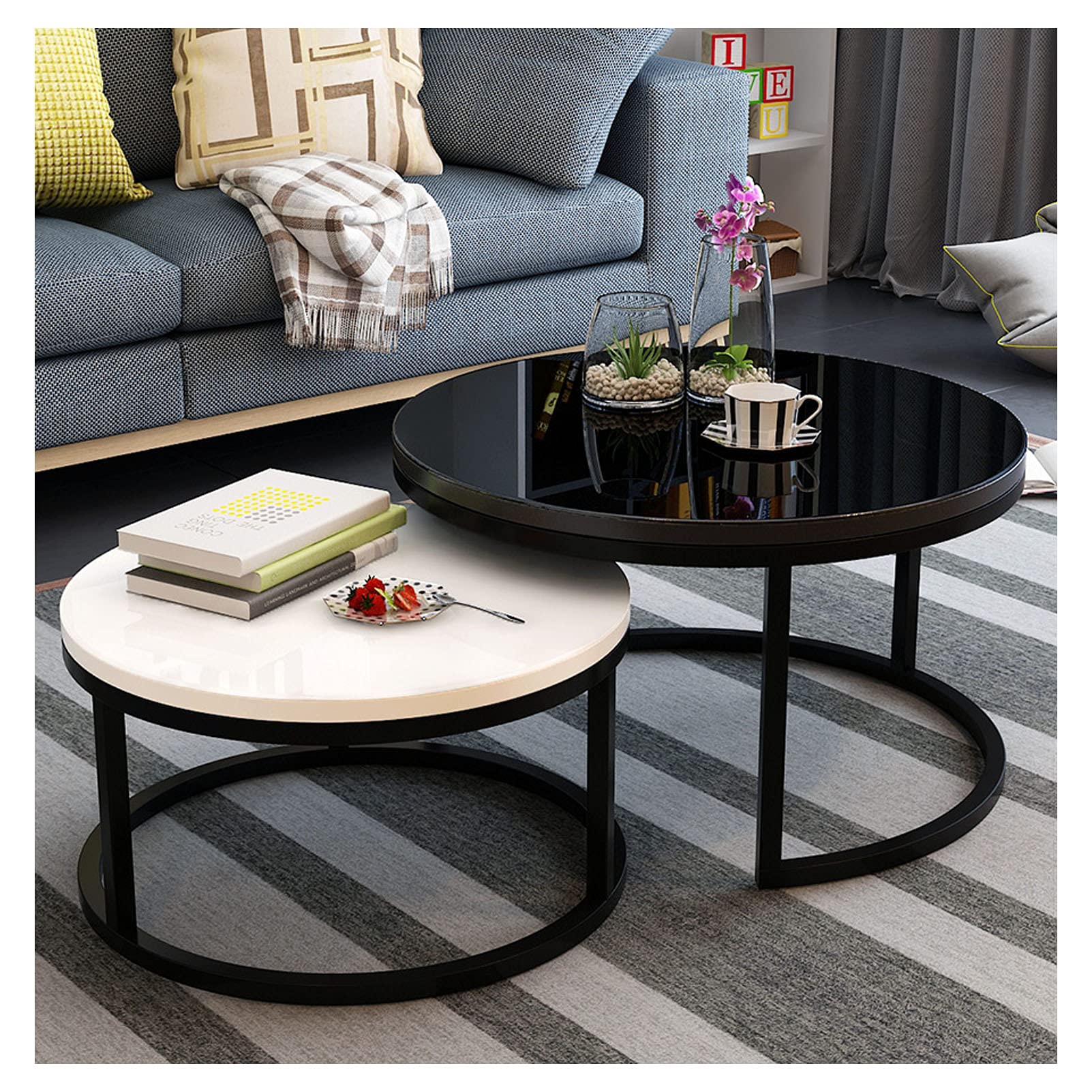 YF-Mirror 2-Piece Round Nesting Coffee Table Set - Modern Accent Side Tables for Living Room, Balcony & Small Spaces - White & Black Storage Shelf - Perfect for Coffee, Tea & Display Decor