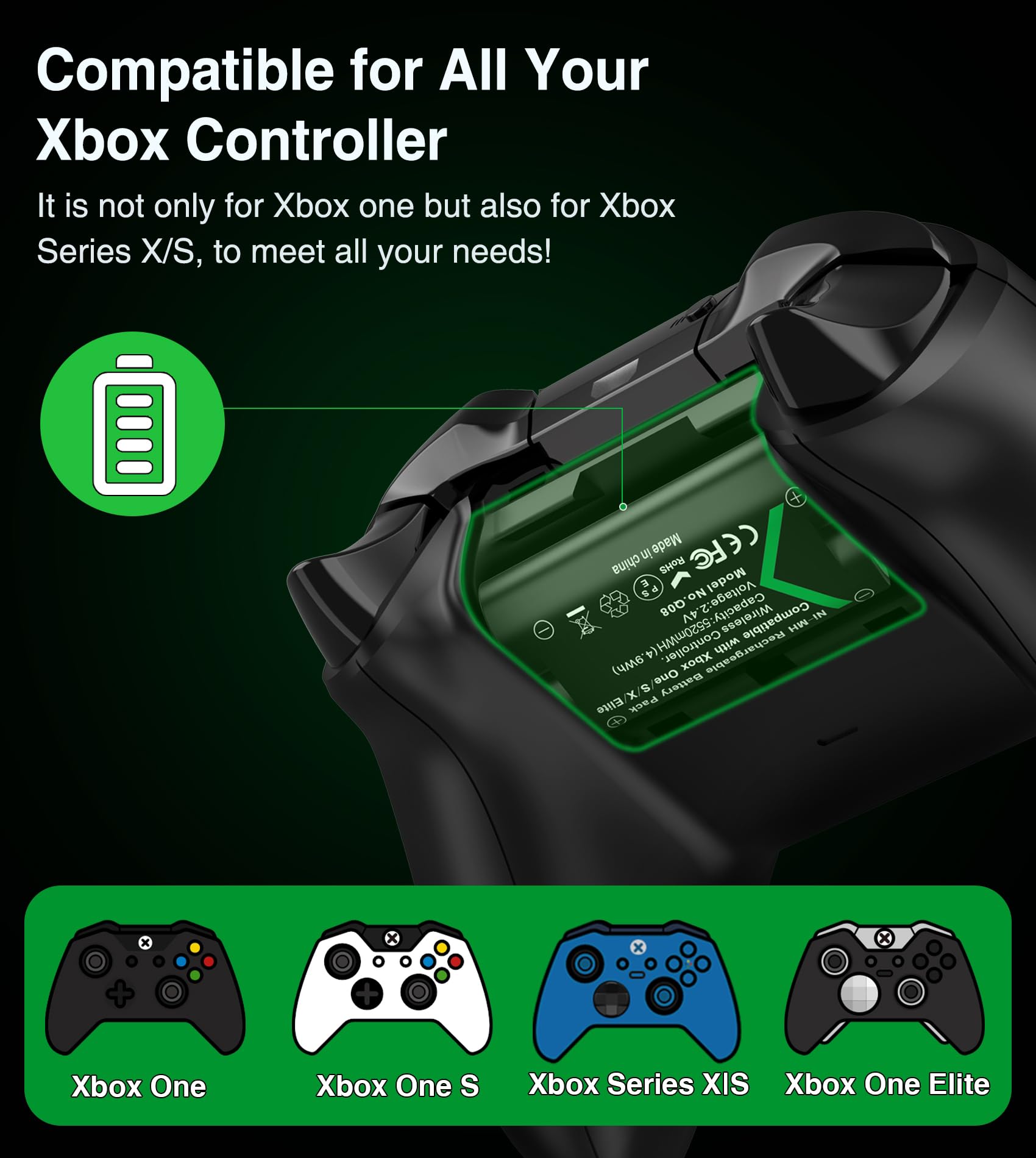 Rechargeable Battery Pack for Xbox One/Xbox Series X|S Controllers - 2x5520mWh Long-Lasting Power for Xbox One S/One X/One Elite - Perfect for Gaming Marathons & Wireless Play