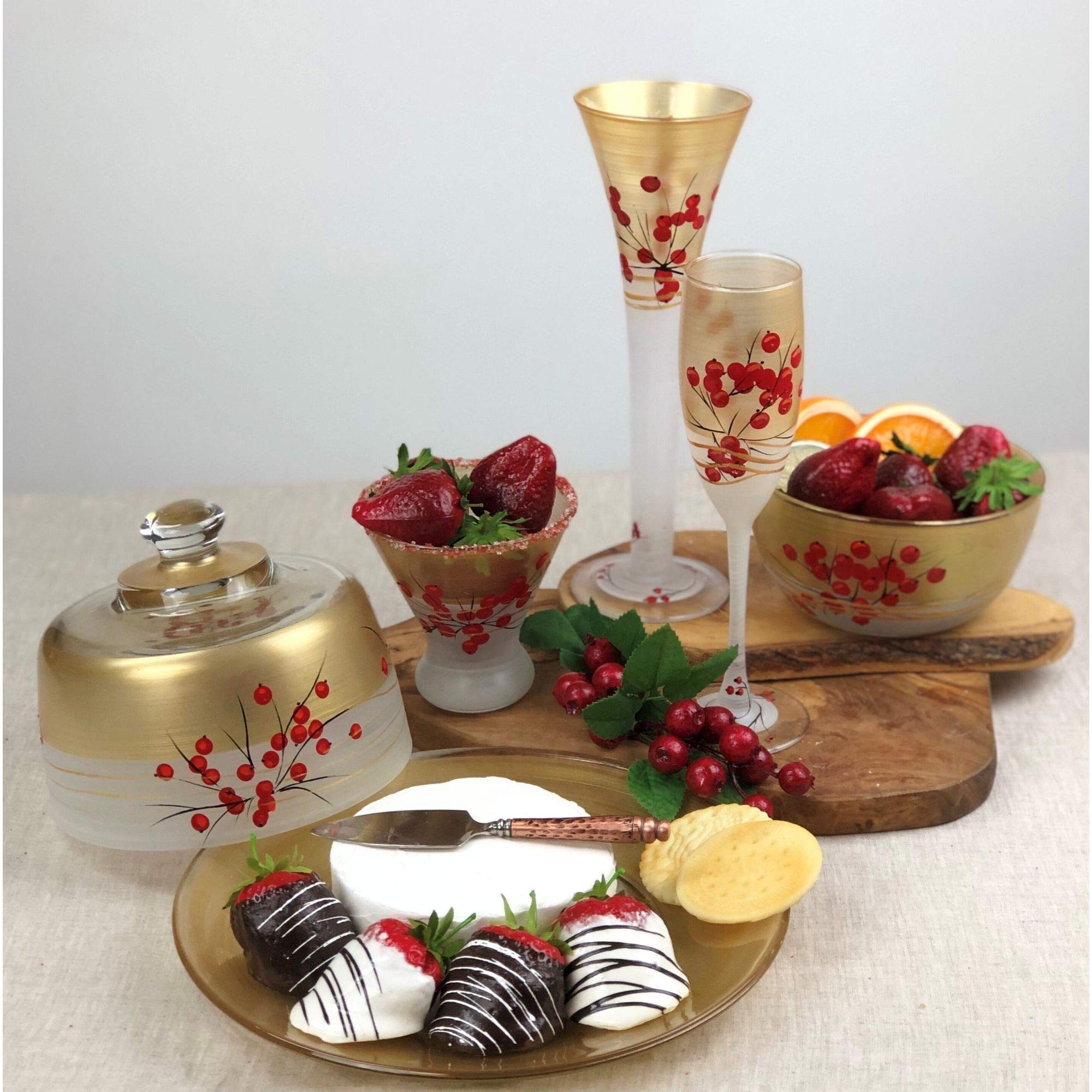 Set of 2 Hand-Painted Berries & Branches Champagne Flutes - 5.75 Oz Elegant Glassware for Wedding Toasts & Romantic Dinners