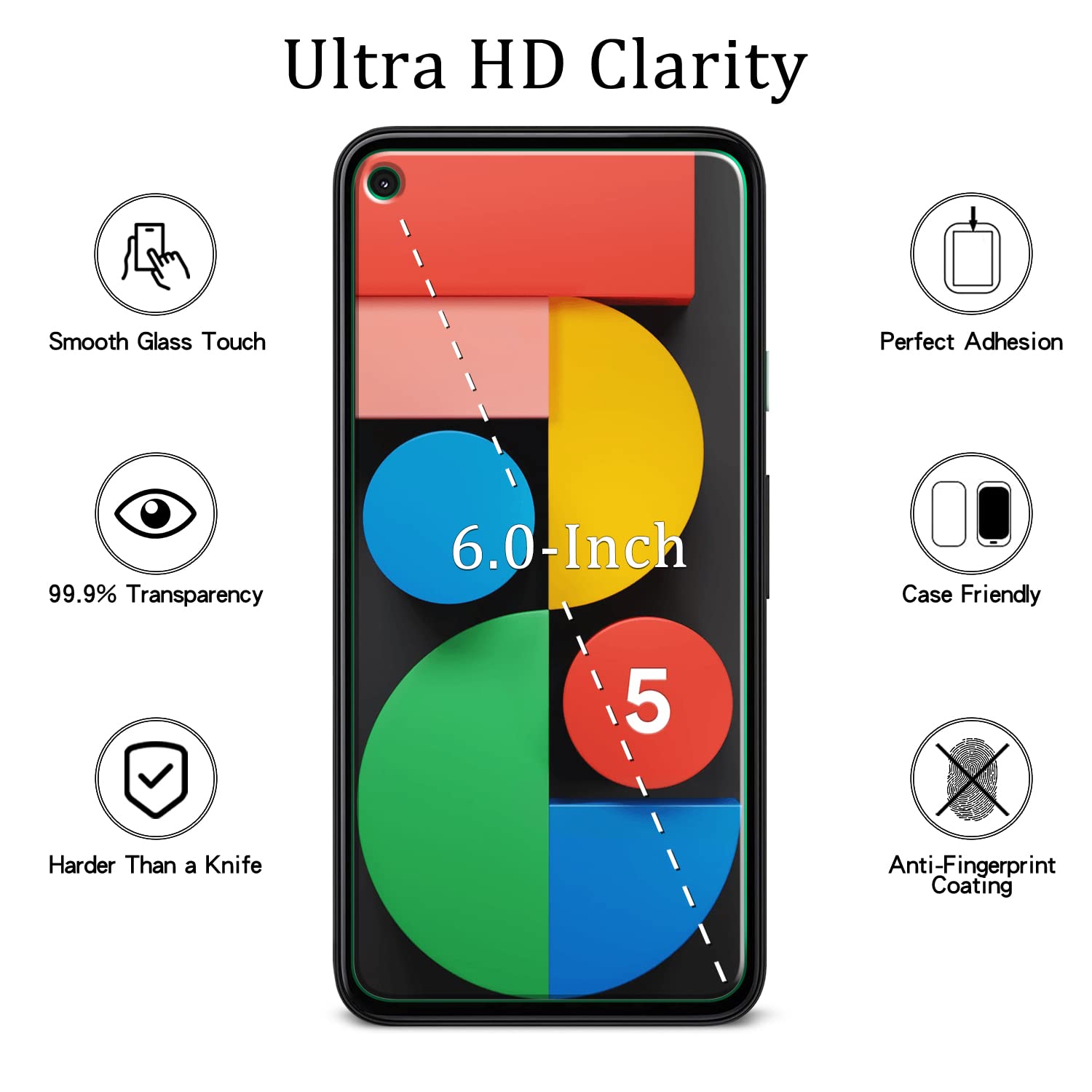 2 Pack Tempered Glass Screen Protector for Google Pixel 5 - Anti-Scratch, Bubble-Free for Daily Protection