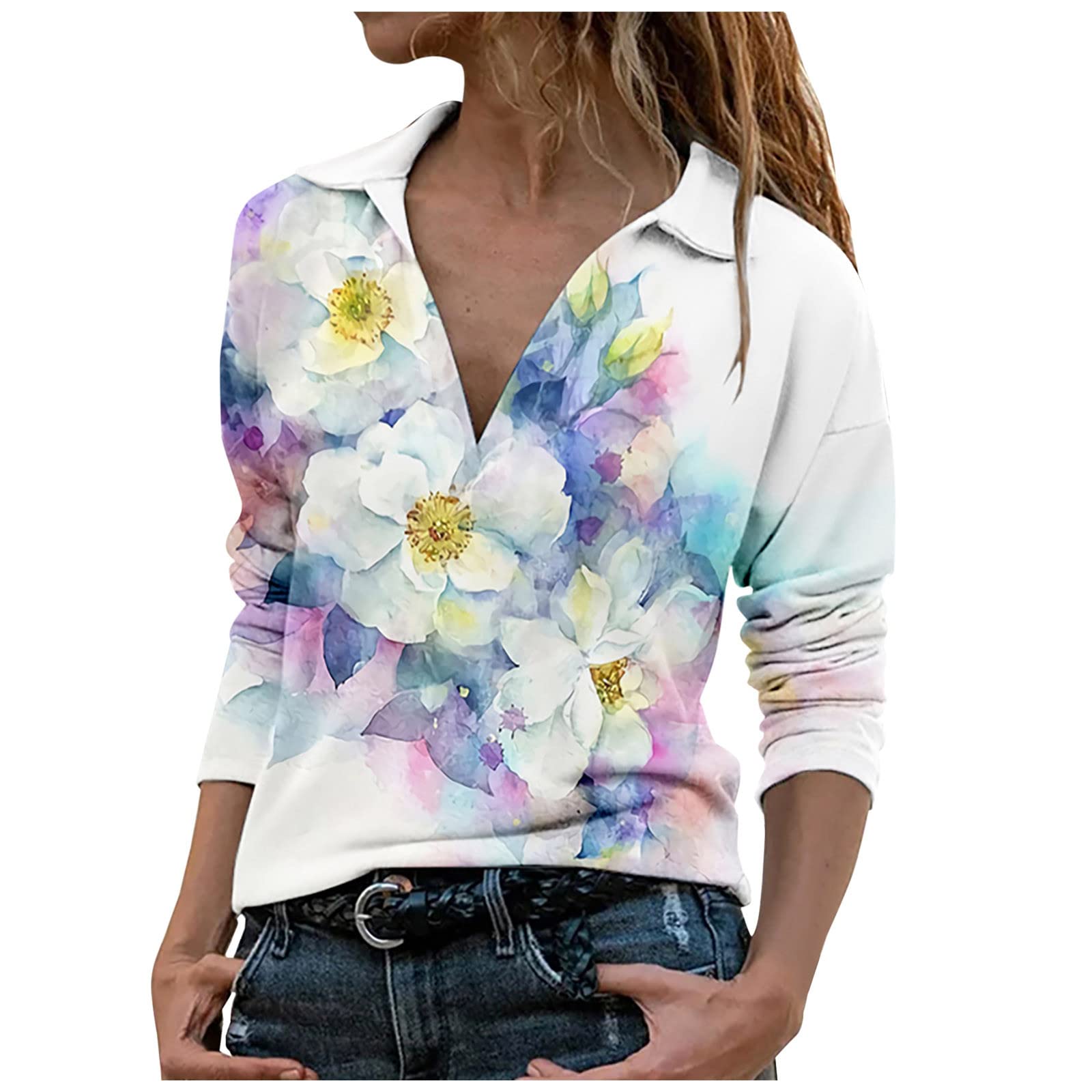 Women's Long Sleeve V-Neck Collared Blouse - Colorful Printed Office & Casual Tops 2023 | Trendy Work Shirt for Business, Date Night & Everyday Wear