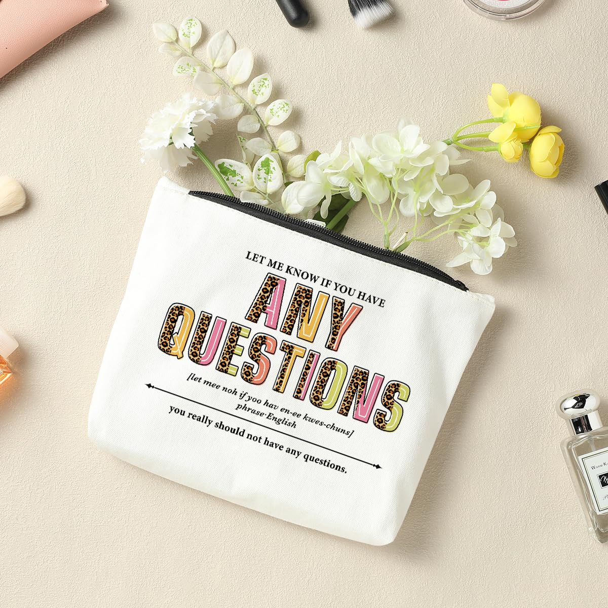 Funny Inspirational Makeup Bag - 'Let Me Know If You Have Any Questions' Definition Noun Cosmetic Pouch | Cute Office Accessories & Gifts for Women, Boss, Leader, Coworker | Perfect for Birthday, Thank You, Work Anniversary | Great for Daily Makeup Storage & Office Humor