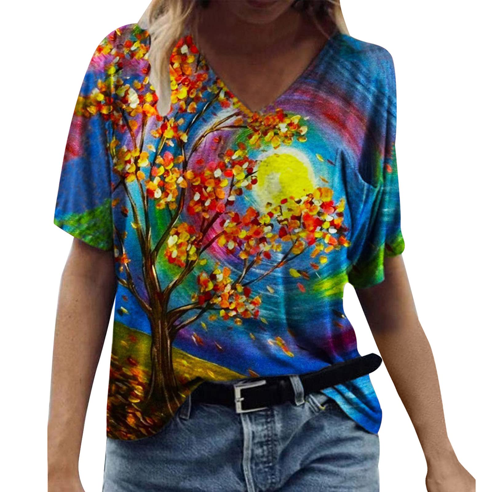 FMCHICO Women's Summer Short Sleeve V-Neck Floral Printed Tunic Tops - Casual Comfortable Blouse for Beach, Vacation & Everyday Wear