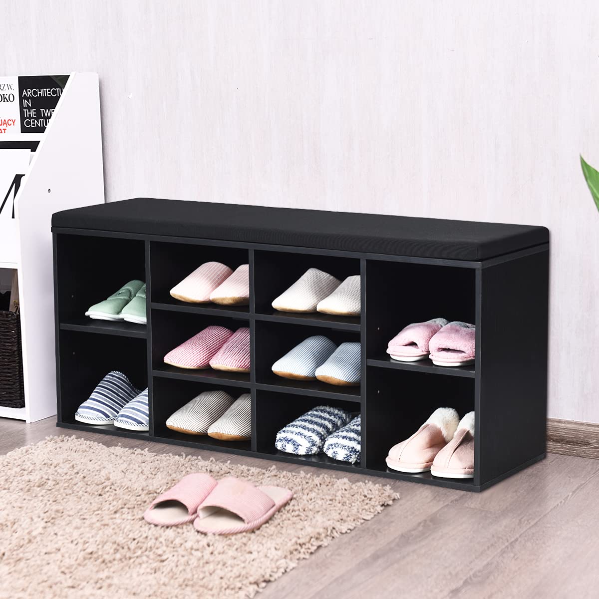 KOTEK 10-Cube Wooden Shoe Bench with Cushion - Adjustable Shelf Shoe Storage Cabinet Organizer for Entryway, Living Room, Bedroom - Perfect for Small Spaces & Home Organization (Black)