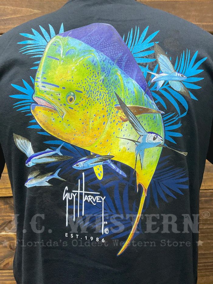 Guy Harvey GHV56000 BLK Men's Mahi Palms Short Sleeve T-Shirt - Black | Comfortable Casual Wear for Fishing, Beach & Outdoor Activities