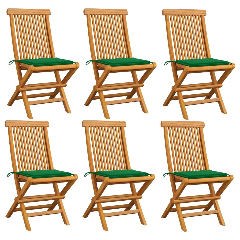 Premium Outdoor Dining Chairs Set of 6 - Teak Wood Patio Chairs with Green Cushions & Armrests for Garden, Poolside, Backyard - Weather-Resistant Dining Furniture for Outdoor Entertaining