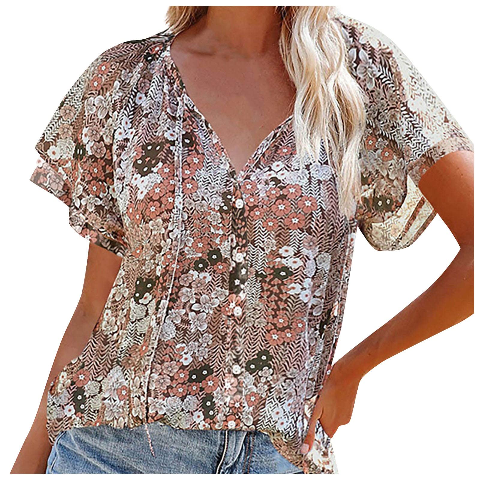 Women's Floral Print V-Neck Tunic Top - Slim Fit Blouse with Ruffle Short Sleeves for Casual Wear, Office & Summer Outfits