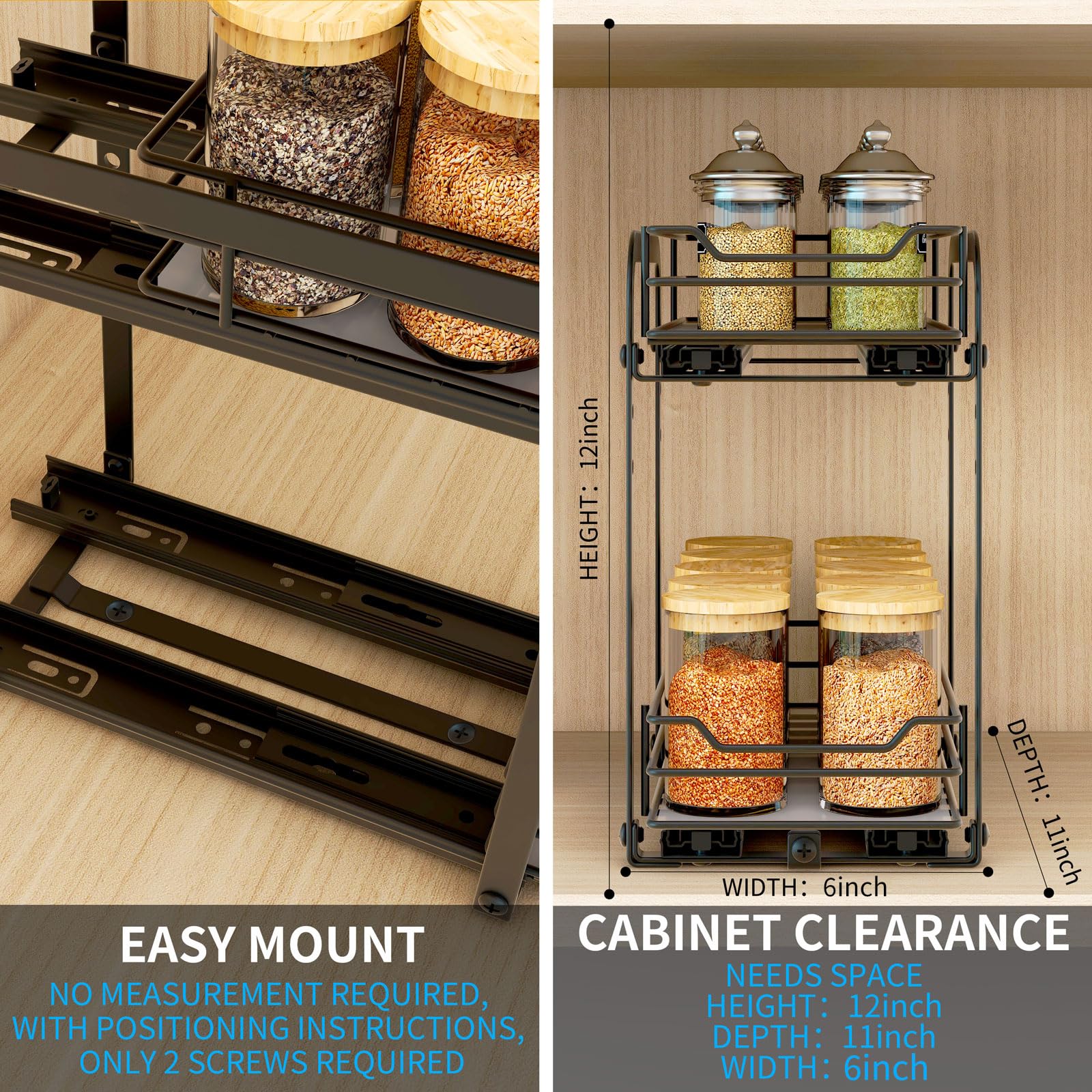 2-Tier Pull Out Spice Rack Organizer - Heavy Duty Metal Basket for Kitchen Cabinets & Pantry Closet - Space Saving Spice Storage Solution for Cooking & Baking Needs