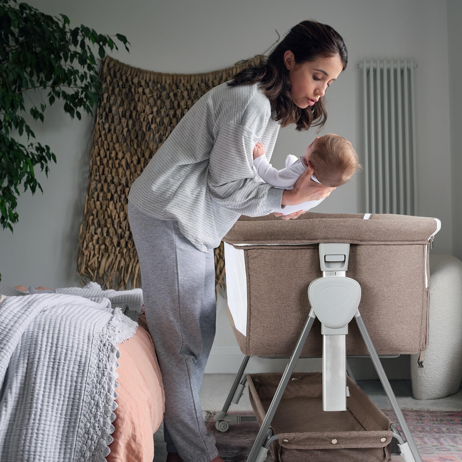 Cowiewie Portable Baby Bassinet - Light Brown Folding Bedside Sleeper with Storage Basket & Wheels for Newborns | Nursery, Bedroom & Travel Use | Reduce Mom's Fatigue