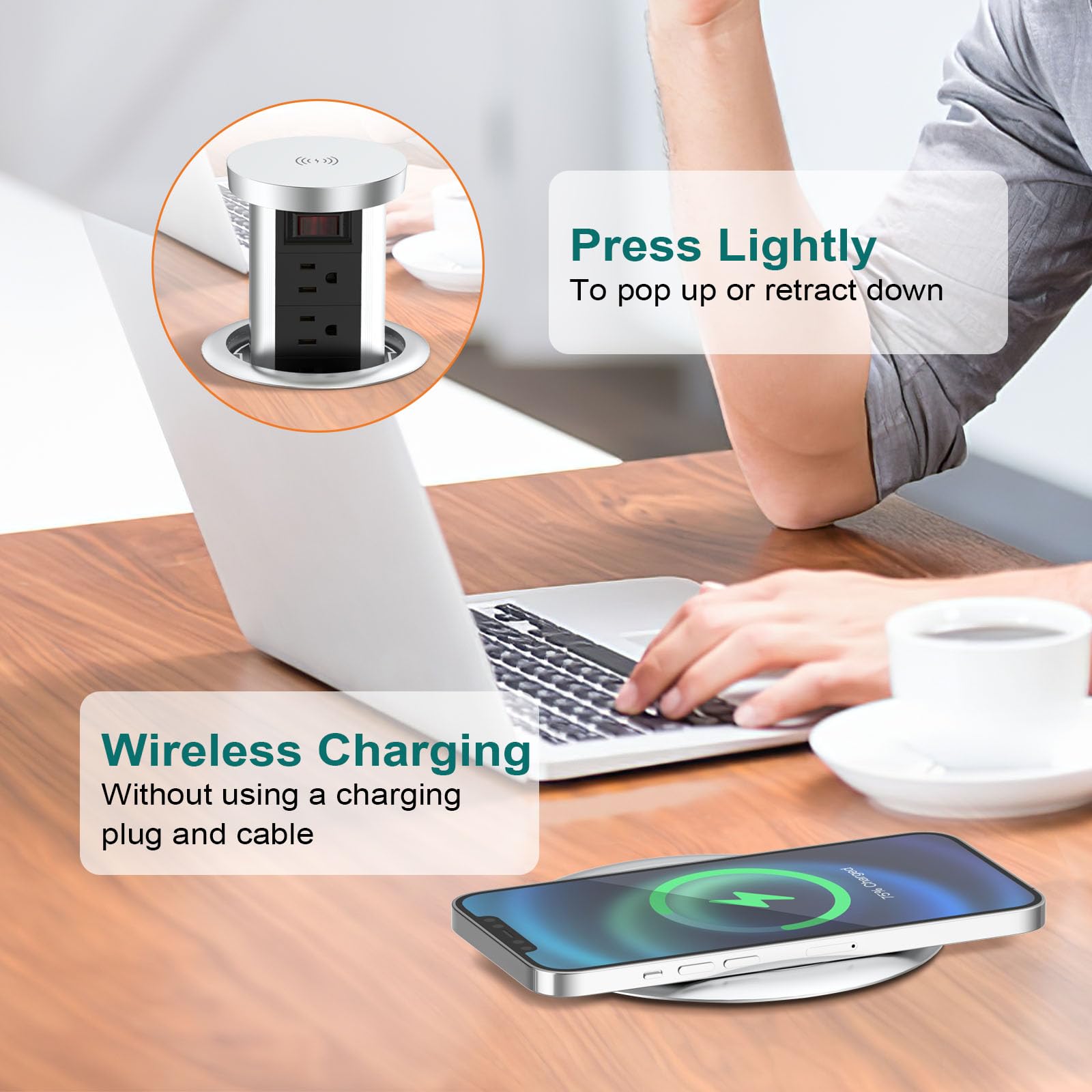 QBA Pop Up Outlet with 20W USB-C & 10W Wireless Charger - 4 AC Outlets & 3 USB Ports Recessed Power Strip for Kitchen Island, Office, Countertop - Flush Mount Electrical Outlet (Black) | Perfect for Home, Office & Coffee Shop Charging Stations