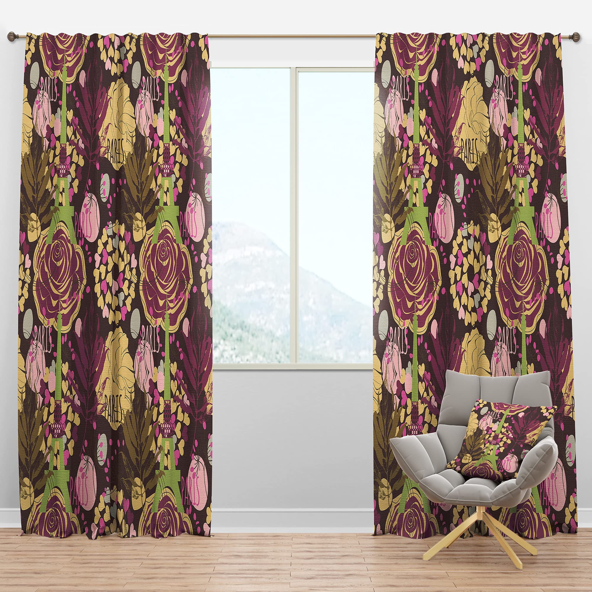 Retro Paris Eiffel Tower Rose with Hearts Blackout Curtains - Thermal Insulated Room Darkening Drapes for Bedroom & Living Room - Single Panel 52x90 Inches - Perfect for Home Decor, Nursery & Light Sleepers