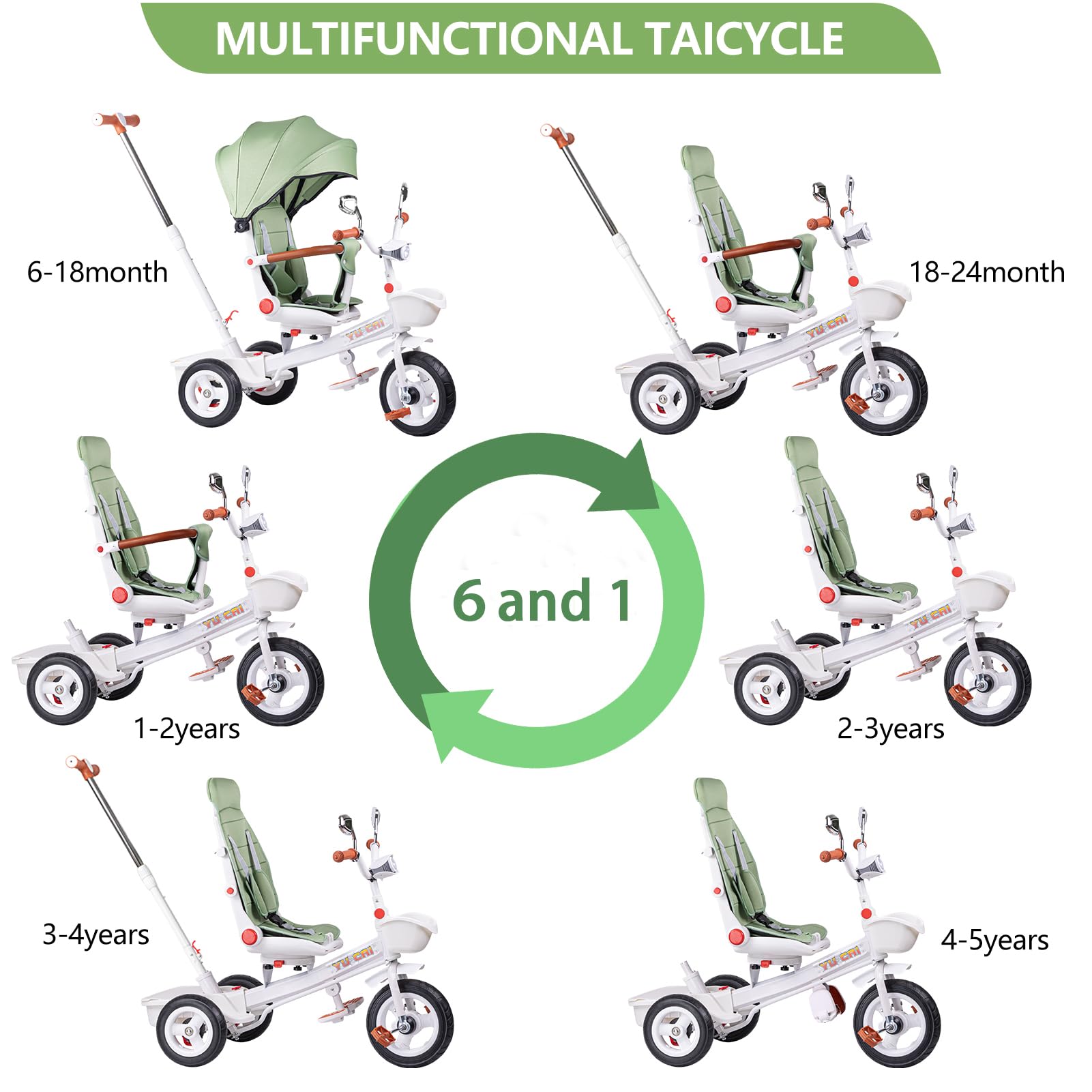 Adjustable Baby Tricycle for Toddlers 18 Months to 5 Years - 6-in-1 Kids Bike with Push Handle, Safety Guardrail & Rotating Seat - Perfect Outdoor Ride-On Toy Gift for Boys & Girls - Great for Park Rides, Backyard Play & Learning Balance