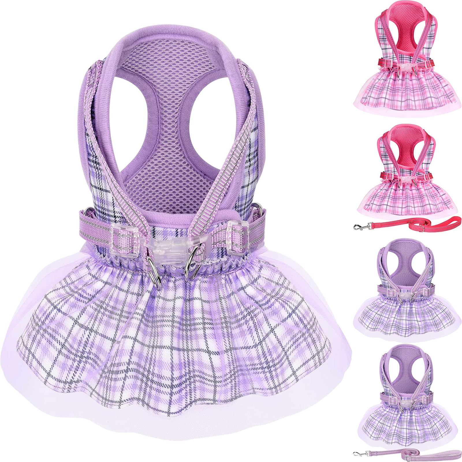 Plaid Dog Harness Dress with Leash Set - Cute Summer Pet Clothes for Small Dogs & Puppies | Chihuahua Harness Outfit (Purple, XX-Small) | Perfect for Daily Walks, Pet Parties & Photo Shoots