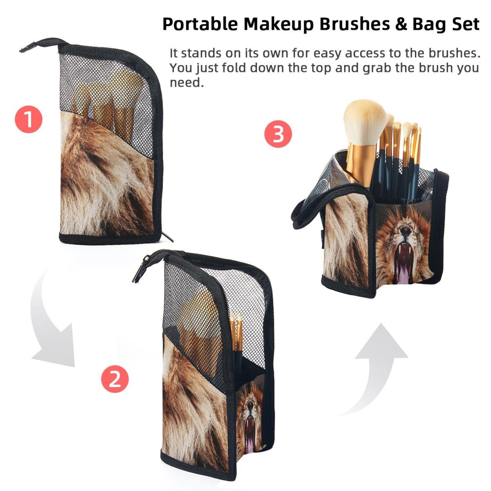 12-Piece Makeup Brush Organizer Bag with Lion Design - Portable Cosmetic Brush Holder Case for Travel, Home & Professional Makeup Artists