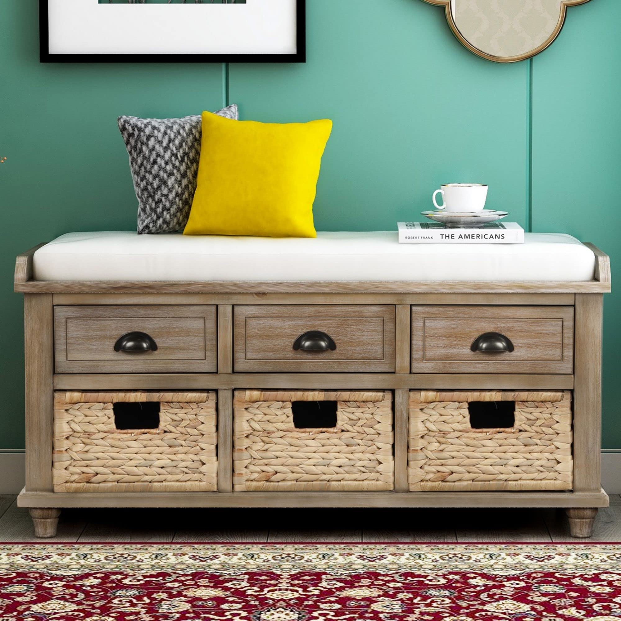 HABITRIO White Washed Wooden Storage Bench with Removable Cushion - 3 Drawers & 3 Baskets, Multi-Functional Shoe Bench for Entryway, Living Room, Bedroom, Hallway - Perfect for Organizing Shoes, Blankets & Home Decor
