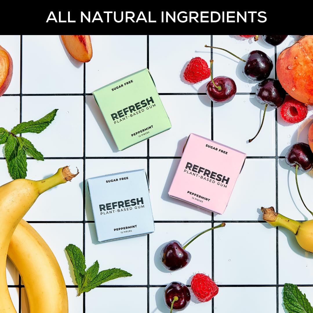 Refresh Sugar-Free Xylitol Chewing Gum - Natural Flavors, Organic Ingredients, Non-GMO, Plant-Based - Peppermint, Garden Mint & Raspberry Variety Pack (12 Pcs, 6 Pack) - Perfect for Fresh Breath On-the-Go, Office Use & Travel