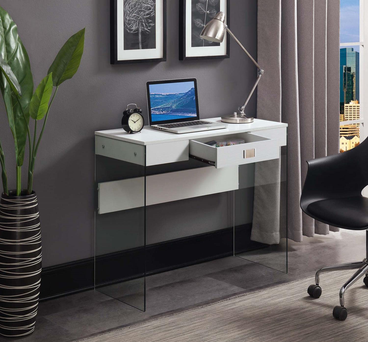 Convenience Concepts SoHo 36-inch White Glass Desk with 1 Drawer - Perfect for Home Office, Study Room & Small Workspace