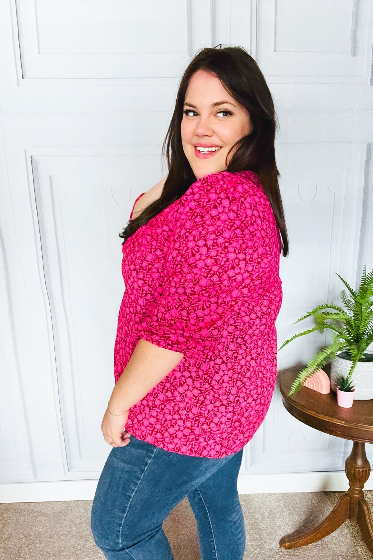 Perfectly You Fuchsia Floral Print Three Quarter Sleeve Square Neck Blouse for Women | Casual Spring Summer Tops for Office Wear & Date Night Outfits
