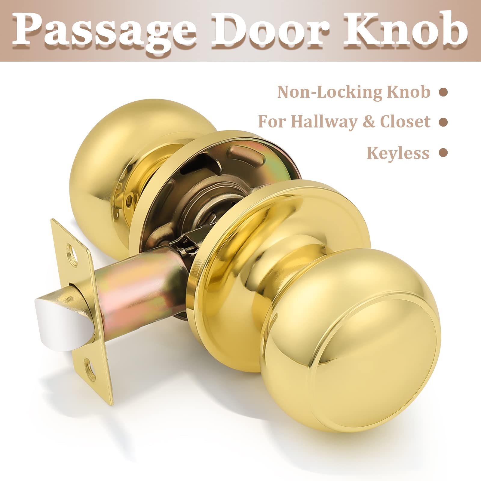 10 Pack Probrico Round Door Knobs - Polished Brass Passage Lockset for Closet, Hallway & Interior Doors | Keyless Entry, Easy Installation | Perfect for Homes, Offices & Apartments