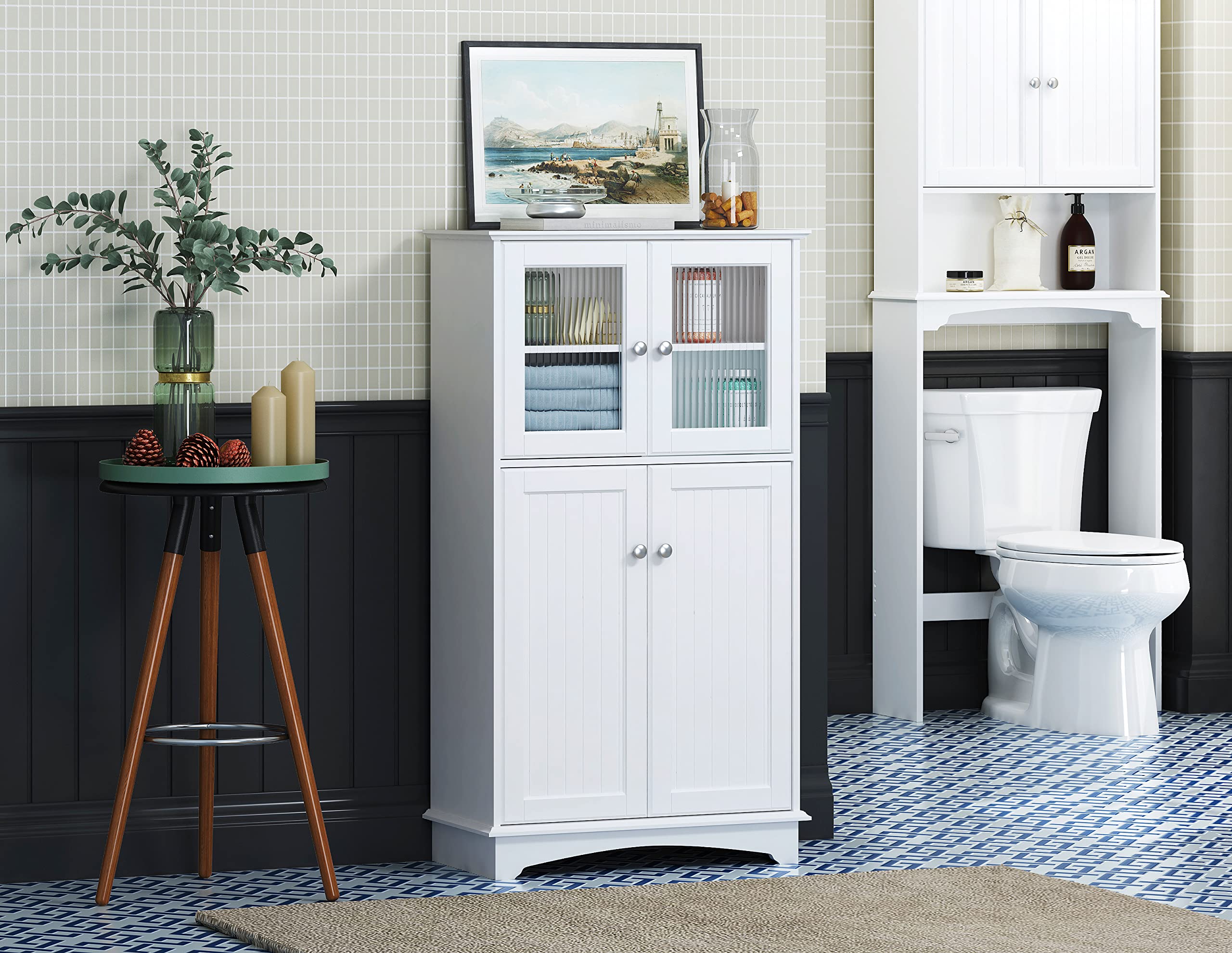 White Wooden Bathroom Storage Cabinet - Freestanding Floor Organizer for Bathroom, Living Room & Bedroom | Space-Saving Home Decor Solution