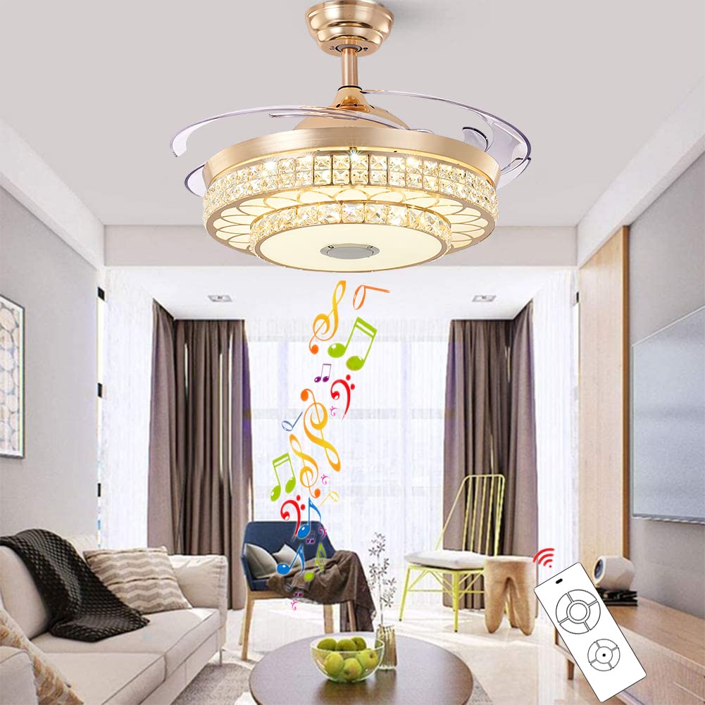 MoreChange Retractable Ceiling Fan with LED Lights - 3 Speed Settings & 3 Color Temperatures, Silent Motor, Gold Finish - Perfect for Bedroom, Living Room & Dining Room Lighting