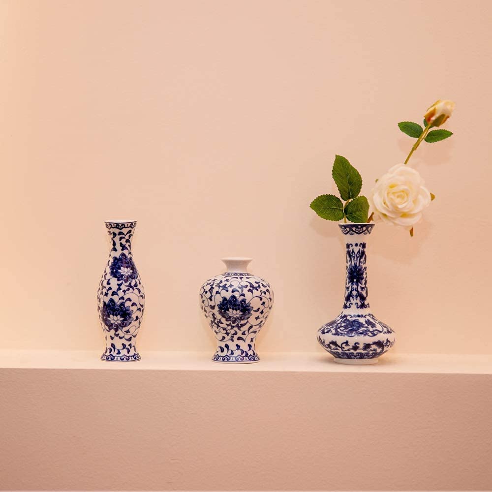 Blue and White Porcelain Vases Set of 3 - Classic Chinese Fambe Glaze Ceramic Flower Vases for Home Decor, Living Room, Office & Wedding Centerpieces