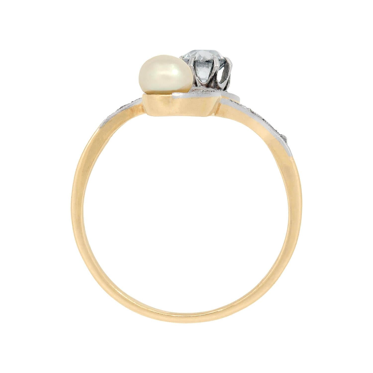 Art Nouveau 14k Gold & Platinum Pearl Diamond Moi Et Toi Ring - Vintage Inspired Two-Stone Engagement Ring for Women, Perfect for Weddings & Anniversary Gifts
