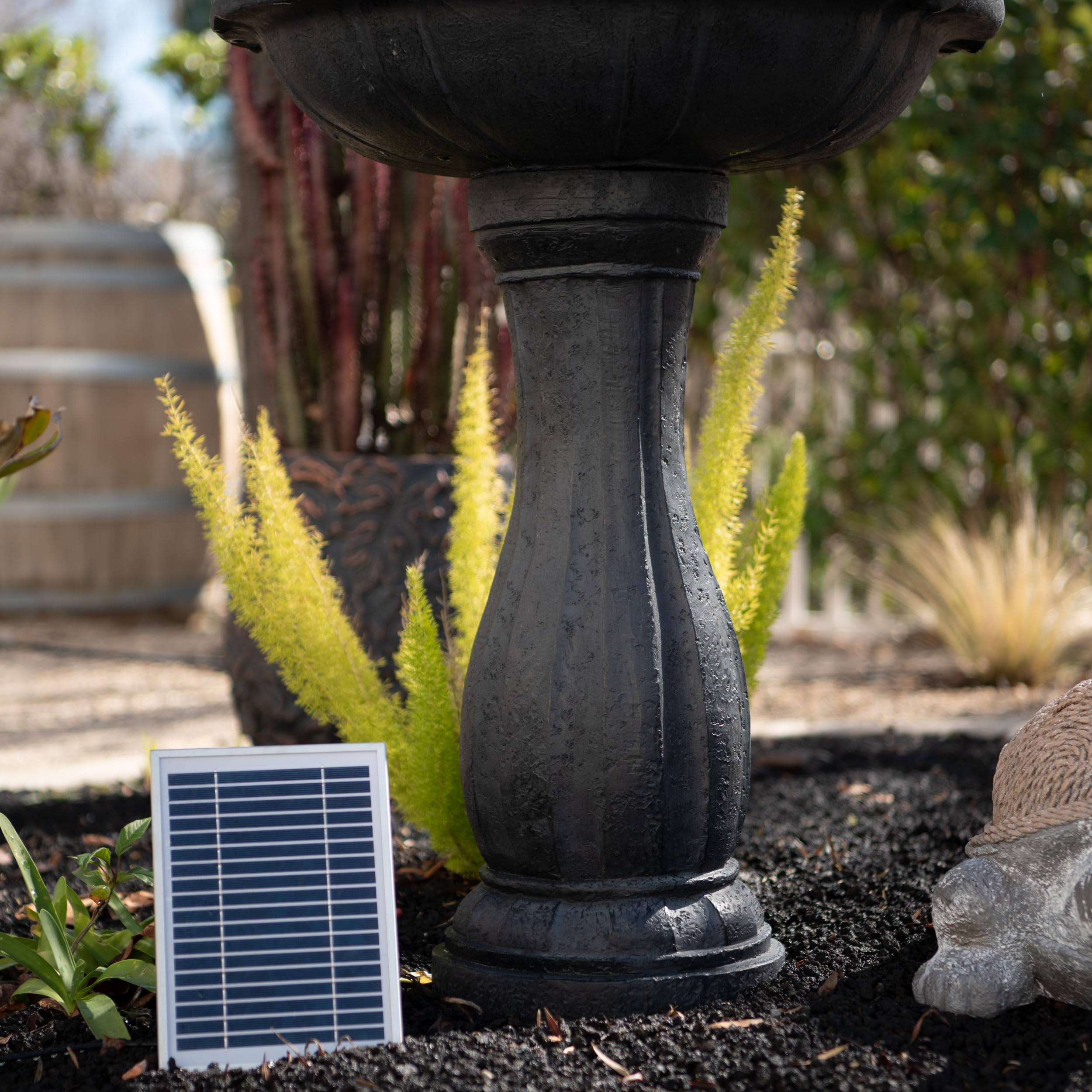 XBrand 44-Inch Tall Black Fiberglass/Resin 2-Tier Solar Water Fountain with Solar Panel & Auto-Shut Off Pump - Outdoor Garden Decor for Patio, Yard, and Landscape (Perfect for Bird Baths & Relaxation)