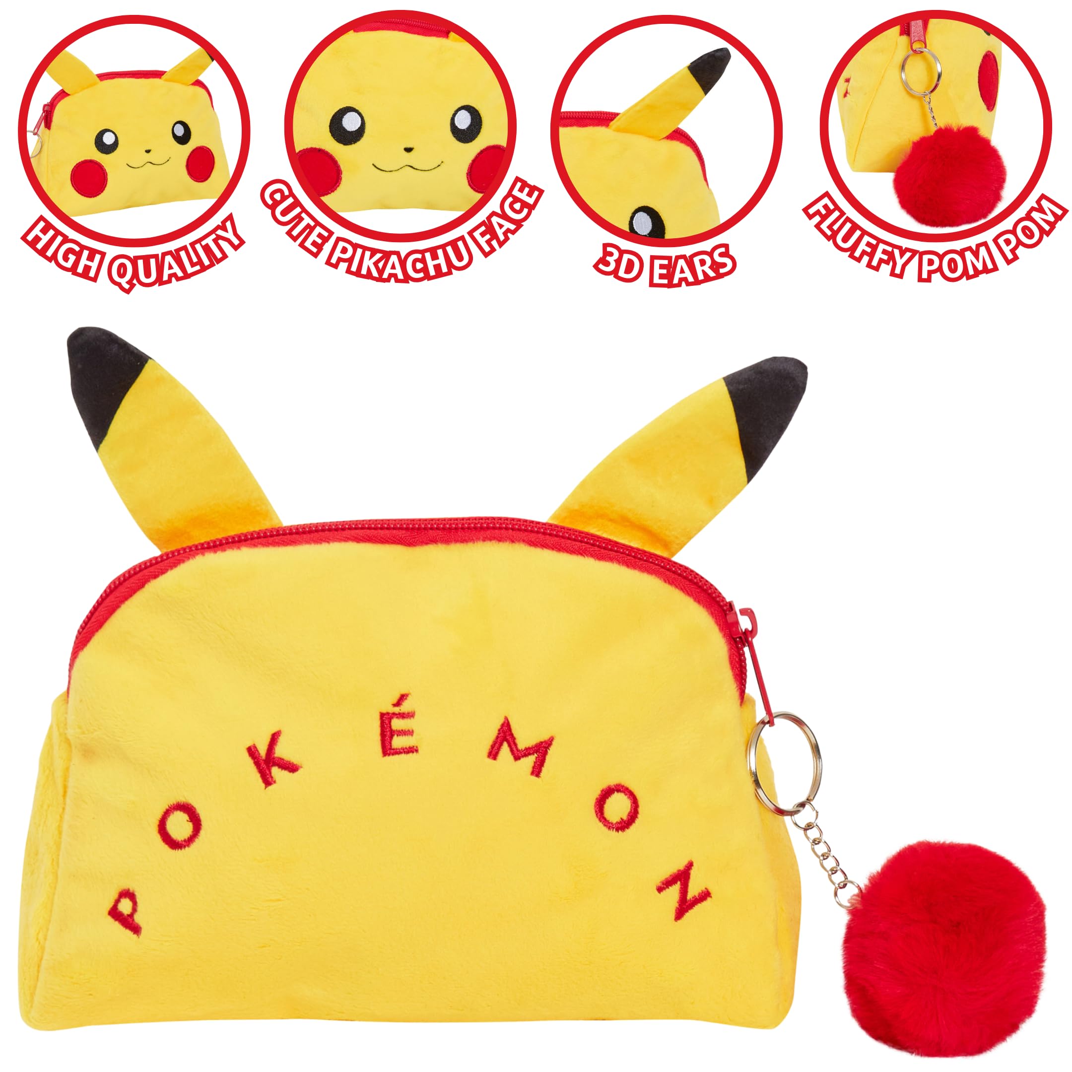 Pokemon Pikachu Plush Toiletry Bag - Waterproof Makeup Cosmetic Pouch for Travel, Gym & School - Cute Yellow Pencil Case & Toiletries Organizer