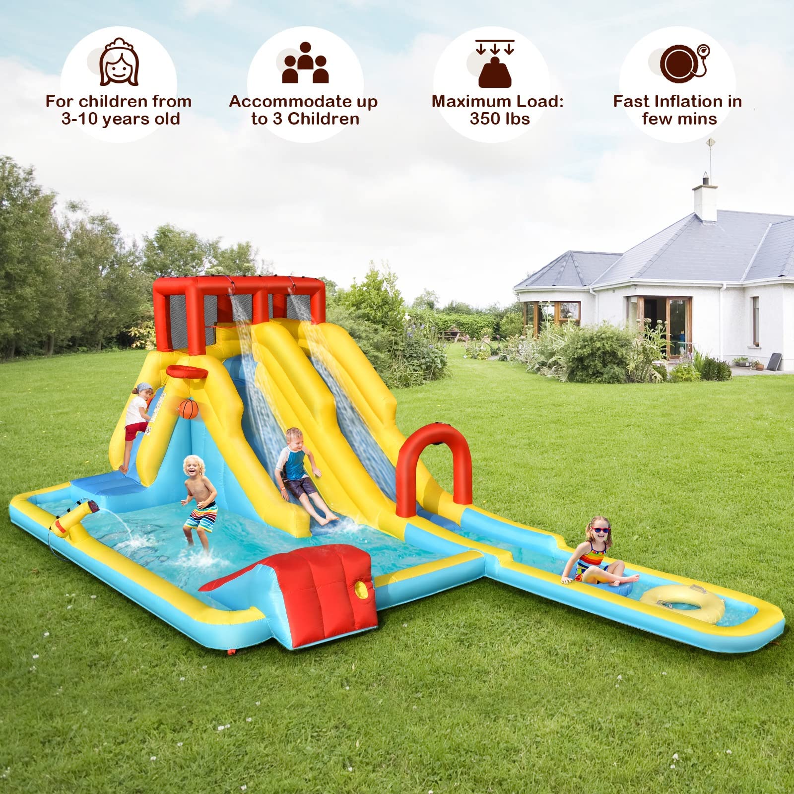 OLAKIDS Inflatable Water Slide - 7-in-1 Bounce House with Dual Slides, Climbing Wall, Splash Pool, Basketball Hoop & Water Blaster | Outdoor Water Park for Backyard, Birthday Parties & Summer Fun | Includes Carry Bag, Repair Kit & Water Hose