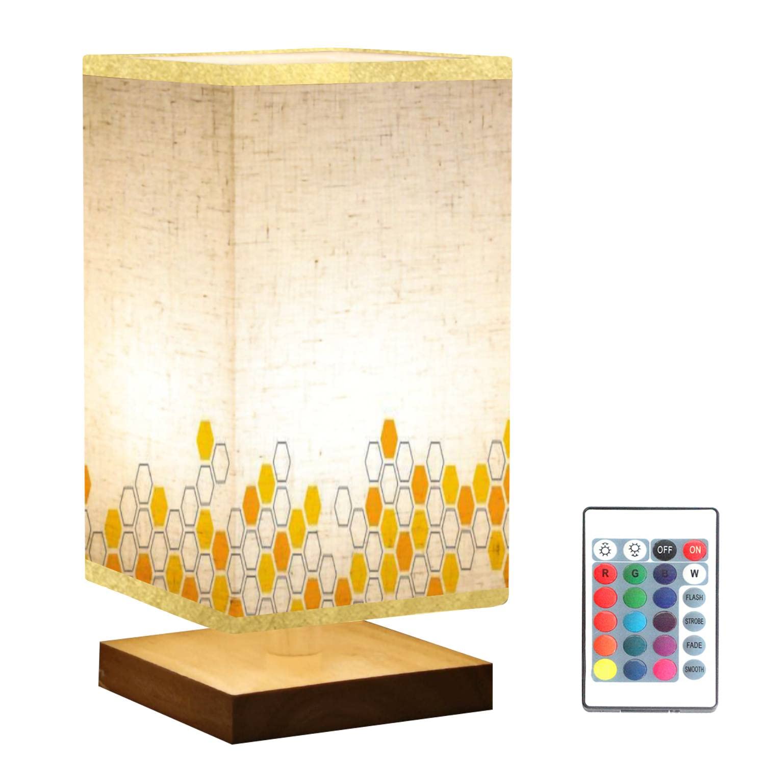 Hexagon Honeycomb Yellow Nightstand Lamp with Wooden Base & Flaxen Fabric Shade - Dimmable Bedside Table Lamp for Bedroom, Living Room, Office - Perfect Reading Light & Cozy Ambience Creator