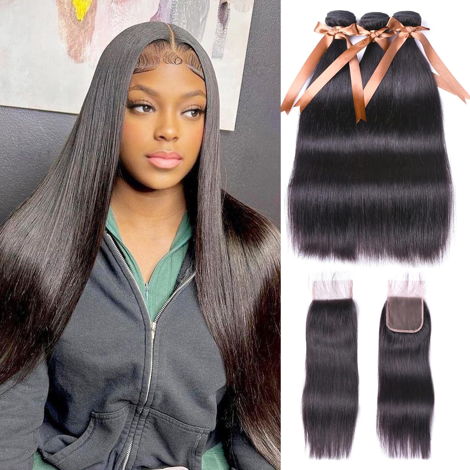 ALLRUN 20 22 24+18 Inch Brazilian Virgin Human Hair Bundles with Lace Closure - 100% Unprocessed Straight Weave Hair 10A Quality for Sew-in Extensions & Natural Hairstyles