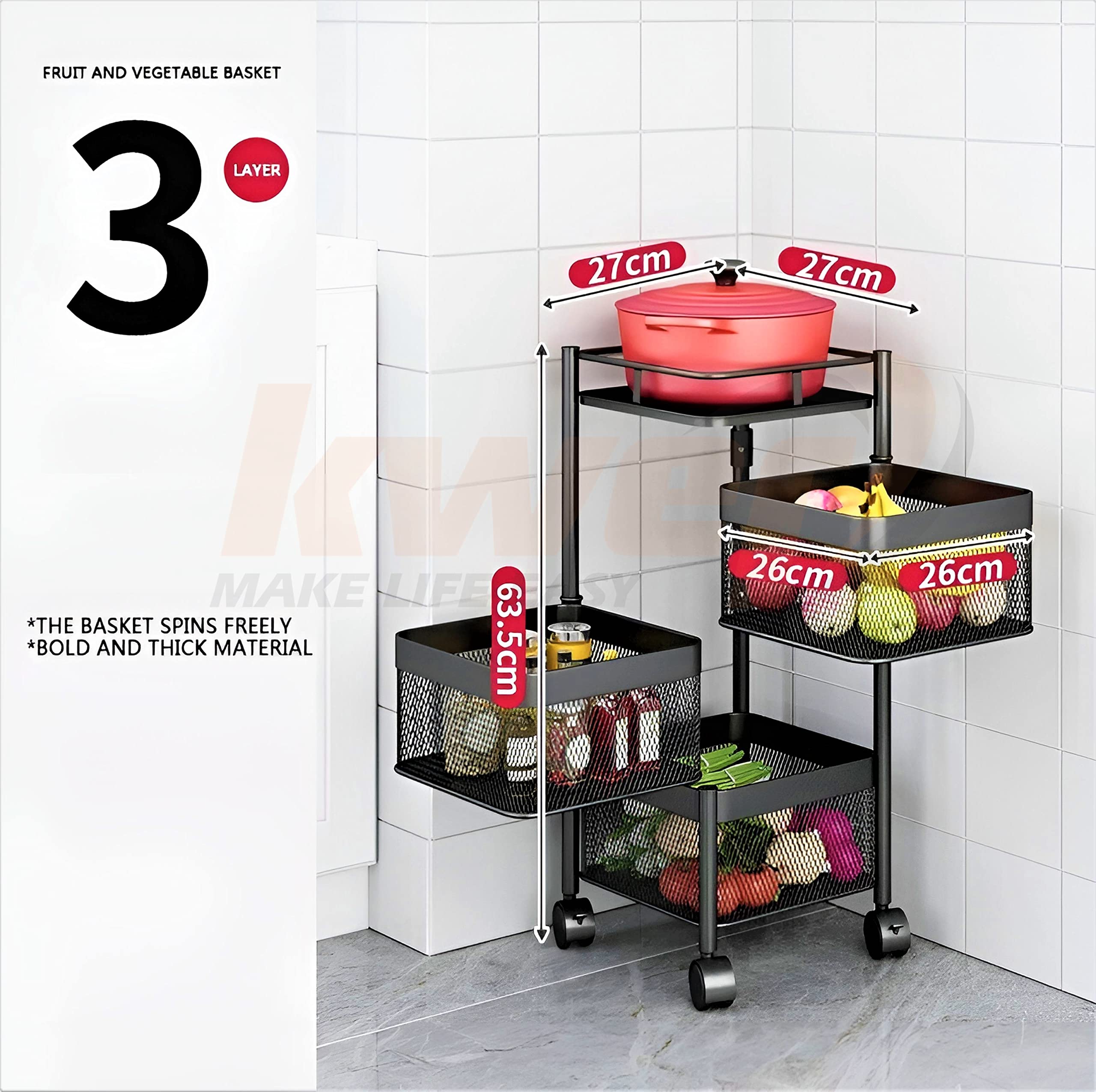 KWER 3-Tier Metal Kitchen Cart with Square Onion Baskets - Black Rolling Storage Organizer for Vegetables, Fruits & Kitchen Accessories | Perfect for Small Spaces, Pantry Organization & Mobile Cooking Stations