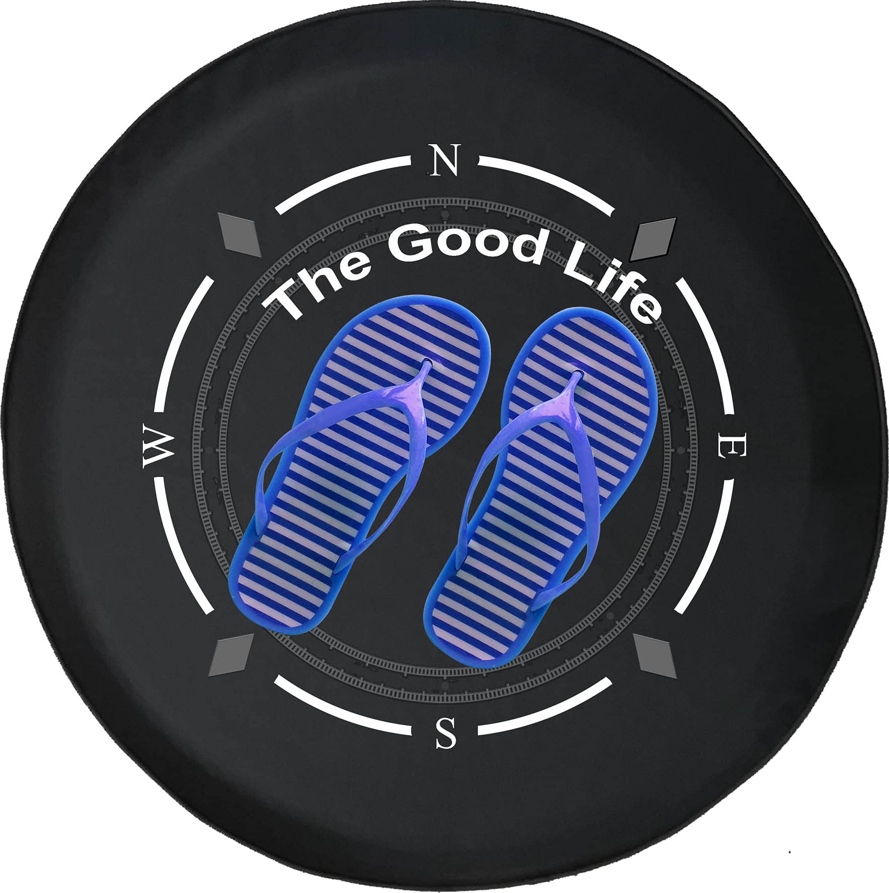 Premium American Unlimited Spare Tire Cover with Compass Design - Durable SUV, Trailer & RV Wheel Protector for Off-Road Adventures | The Good Life Blue Flip Flops Beach Edition | Universal Fit for Most Vehicles | Perfect for Camping, Road Trips & Outdoor Exploration