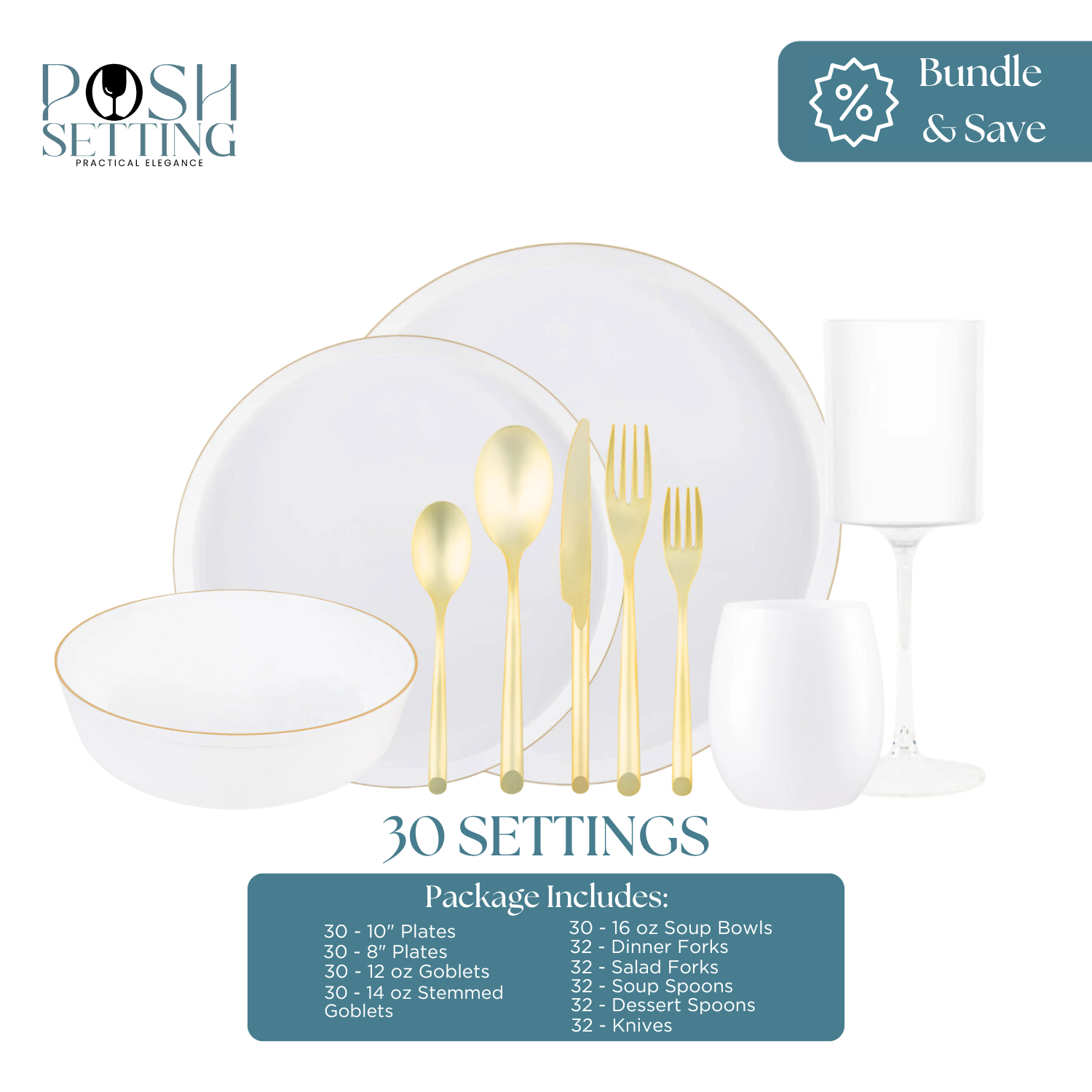 Pearl White & Gold Disposable Plastic Party Tableware Set - 30-Piece Elegant Dinnerware Bundle for Weddings, Birthdays & Special Events