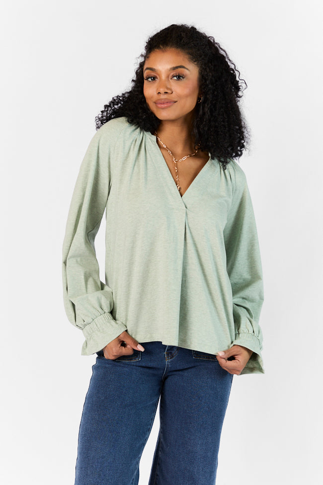 Simply You Sage Knit Notched Neck Long Sleeve Blouse for Women - Comfortable Office & Casual Wear - Elegant Green Knit Top for Work, Date Night & Everyday Outfits