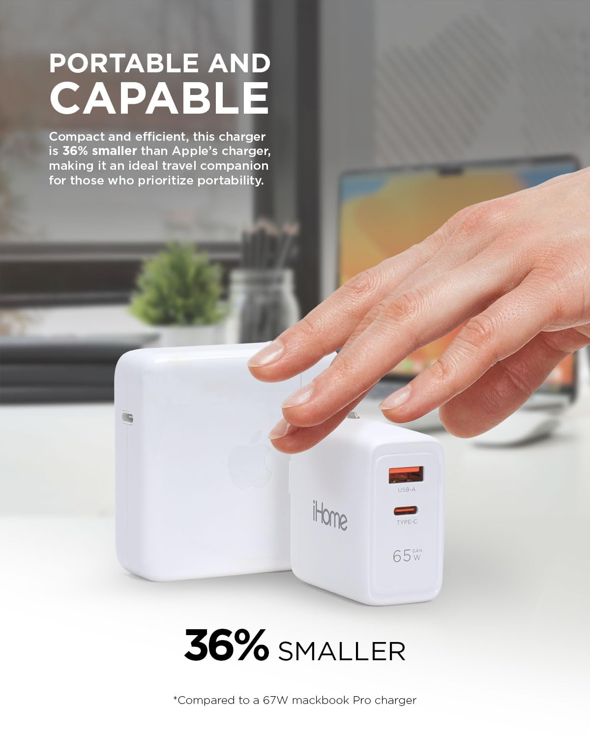 iHome 65W GaN Fast Charger Block - Dual Port USB C & USB A PD Charger - Compact Foldable Plug for MacBook Pro/Air, iPhone 15/14, iPad, Samsung Galaxy - Perfect for Travel, Office & Home Charging