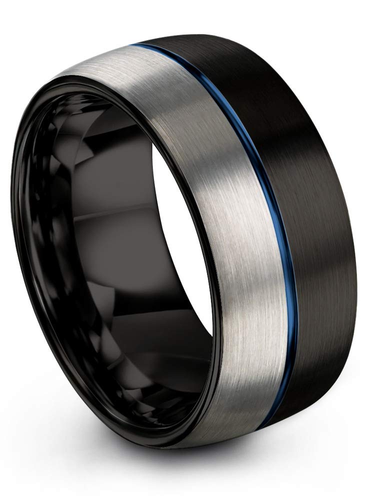 10mm Tungsten Carbide Wedding Band Ring for Men & Women - Blue Black Center Line, Dome Grey Exterior, Half Brushed & Polished - Custom Engraved Anniversary & Engagement Ring - Perfect for Weddings, Proposals & Special Occasions