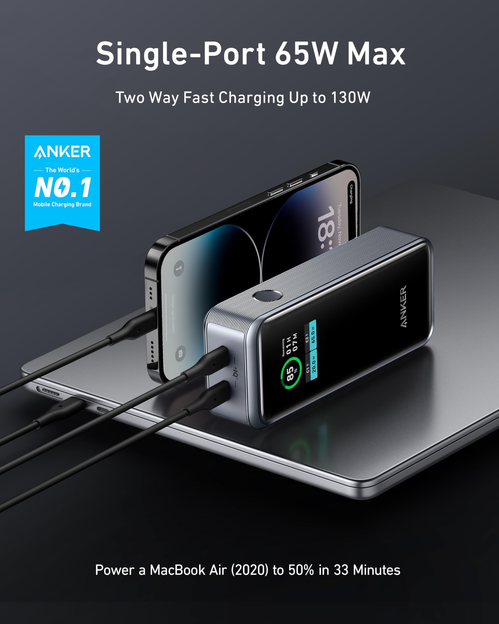 Anker Prime 12,000mAh Power Bank with 130W Fast Charging, Dual USB-C Ports & Smart Digital Display - Portable Charger for iPhone 15/14/13, MacBook, Dell Laptops | Perfect for Travel, Camping & Emergency Backup Power