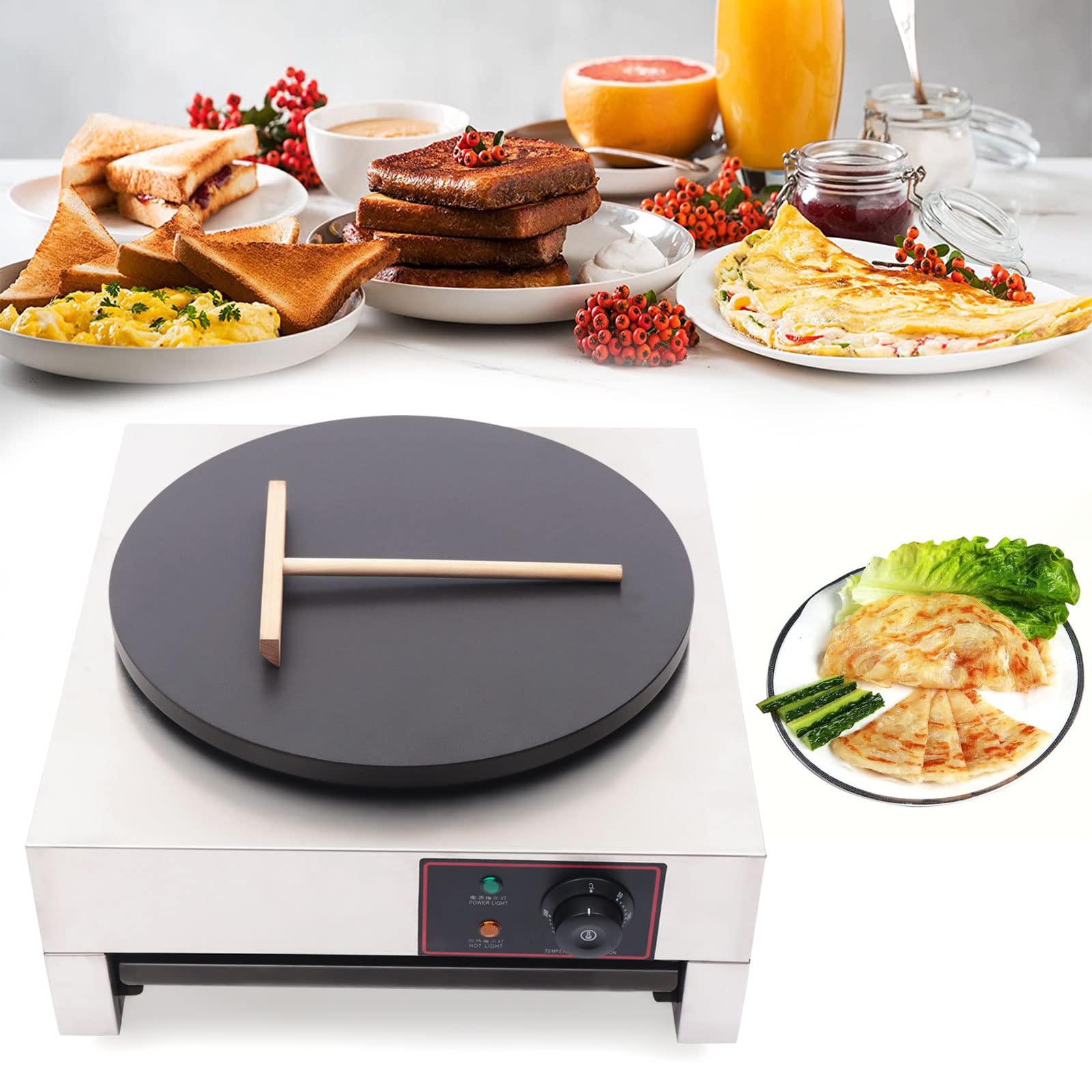 1700W Commercial Electric Crepe Maker - 16 Inch Nonstick Pancake Griddle with Adjustable Temperature (50-300°C/122-572°F) - Automatic Pancake Machine for Restaurants, Cafes & Catering Equipment - Perfect for Breakfast, Brunch & Dessert Preparation