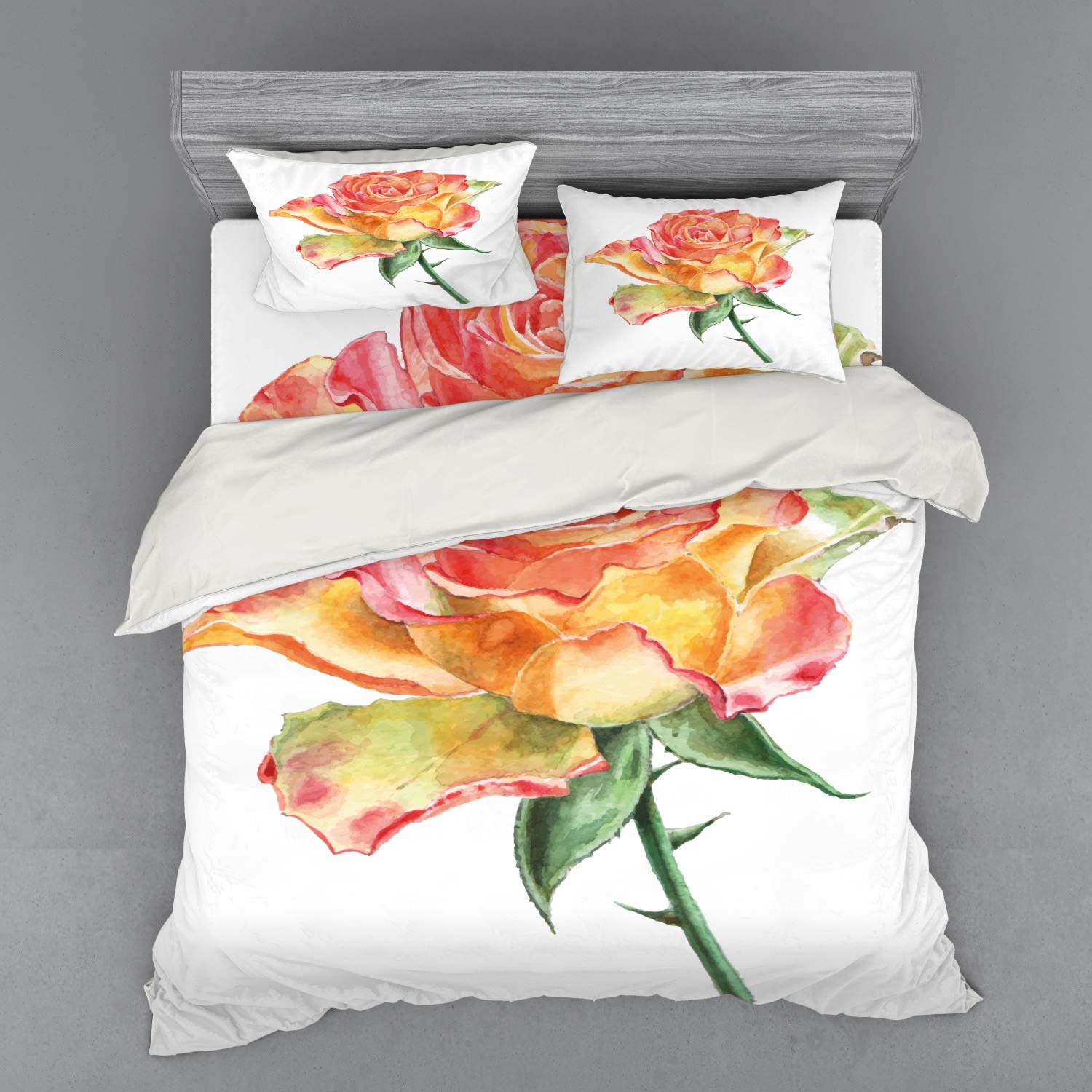 Ambesonne Watercolor Rose Duvet Cover Set - Hand Painted Botanical Floral Design with Lively Petals, 4-Piece King Size Bedding Set Includes Shams & Fitted Sheet in Green Orange Coral - Perfect for Master Bedroom, Guest Room & Bohemian Home Decor
