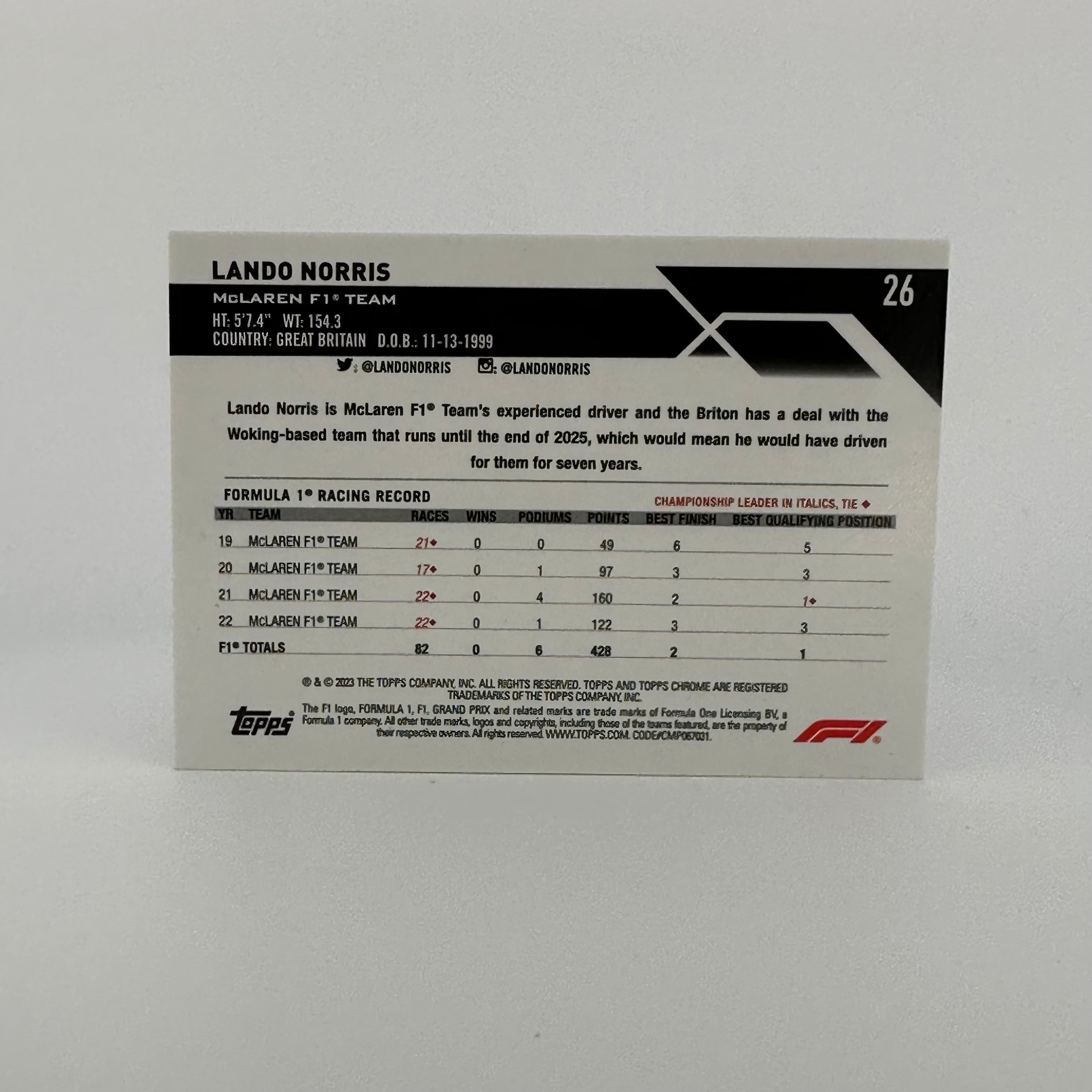 2023 Topps Chrome Sapphire Lando Norris #26 Red F1 Racing Card - Perfect for Collectors, Fans & Sports Memorabilia Enthusiasts