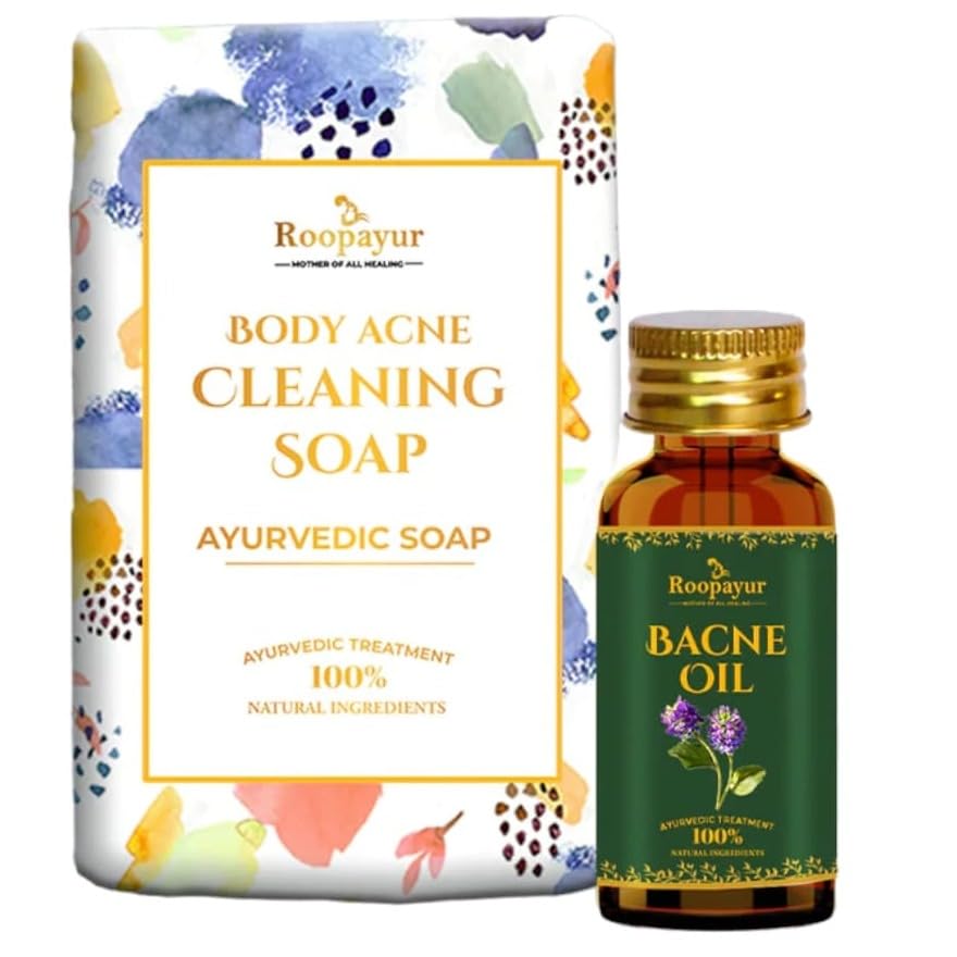 Roopayur Body Acne Cleansing Soap & Bacne Oil Combo Set - Treats Back Acne, Chest & Shoulder Breakouts - Natural Skincare for Clear Skin at Home & Gym