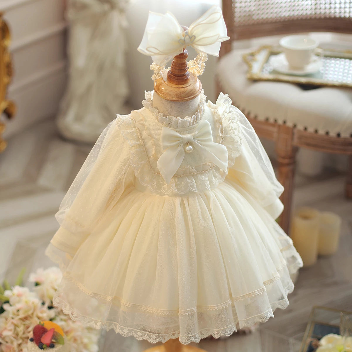 Ivory Princess Mock Neck Tea Length Tulle Flower Girl Dress - Perfect for Weddings, Pageants & Special Occasions