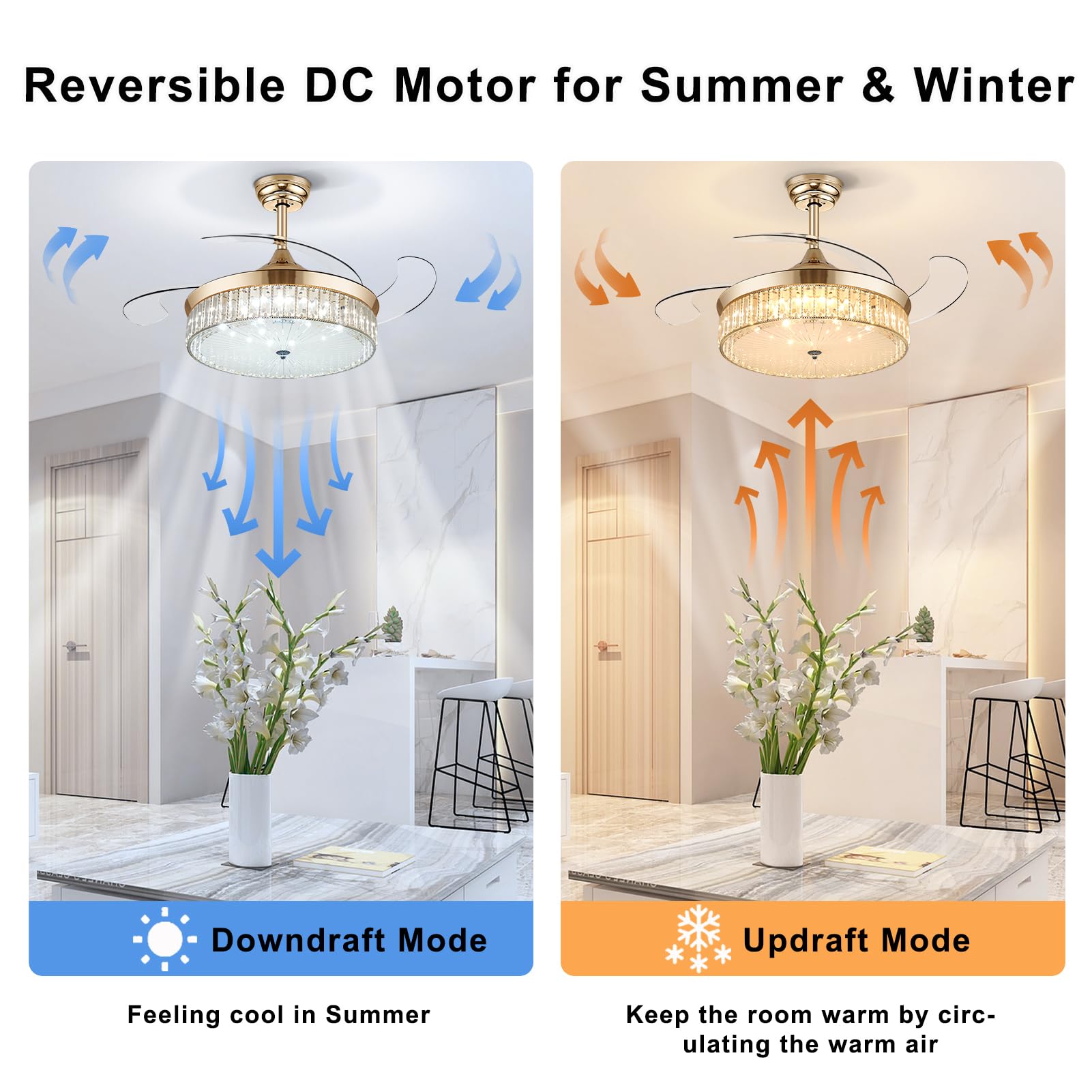 Ohniyou 42 Inch Retractable Ceiling Fan with Lights Remote Control, Crystal Chandelier Ceiling Light Fixture, Dimmable Fandelier for Bedroom Living Room Dining Room Indoor Use (Gold) - Perfect for Home Cooling and Stylish Lighting Decor