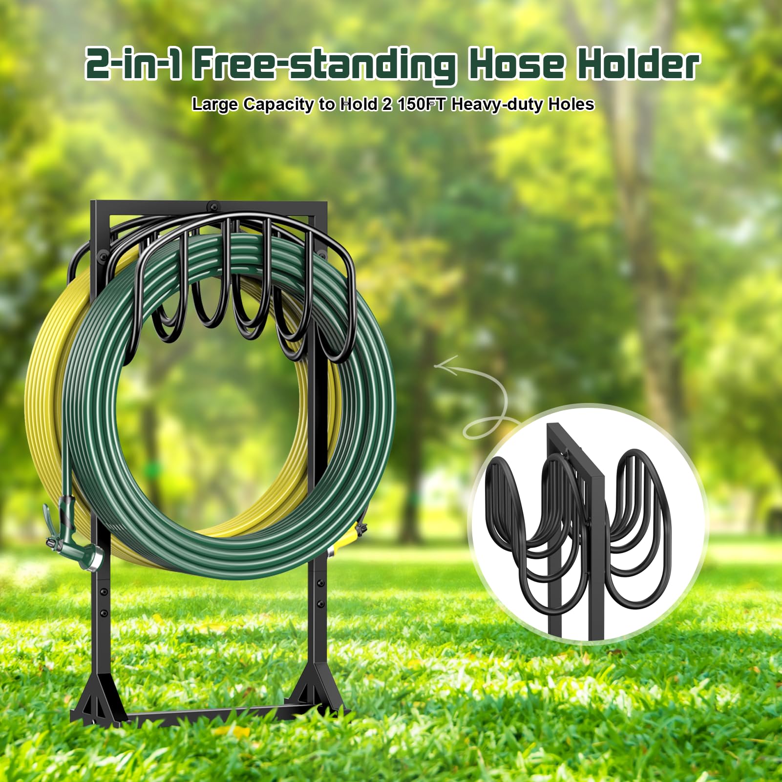 Heavy Duty Freestanding Garden Hose Holder with 4 Spikes - Double-Sided Metal Hose Reel Stand for 150ft Hose - Outdoor Yard Lawn Storage Rack for Watering, Gardening & Car Washing