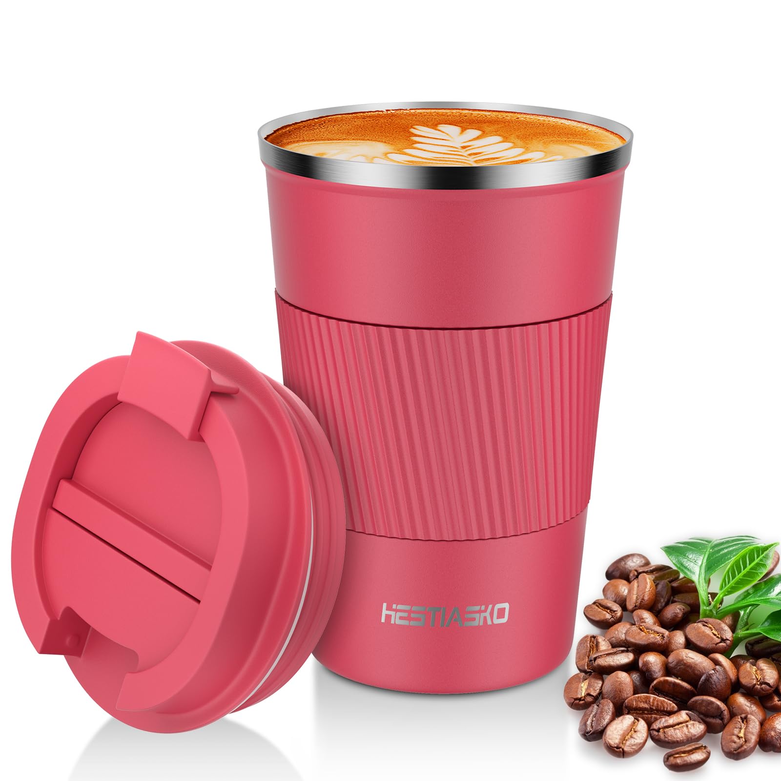 Hestiasko 13 oz (380ml) Double Walled Vacuum Insulated Travel Coffee Mug - 304 Stainless Steel Leakproof Tumbler with Lid for Hot & Cold Drinks (Rose Red) - Perfect for Coffee, Tea, Cola, Milk on the Go, Office, Commuting & Outdoor Activities